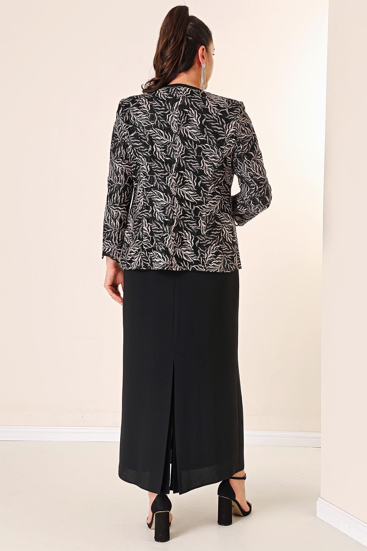 S-23K3070009Yakası Boncuk Nakışlı Uzun Elbise Boncuk Pul Nakışlı Ceket Astarlı Büyük Beden 2'li Takım