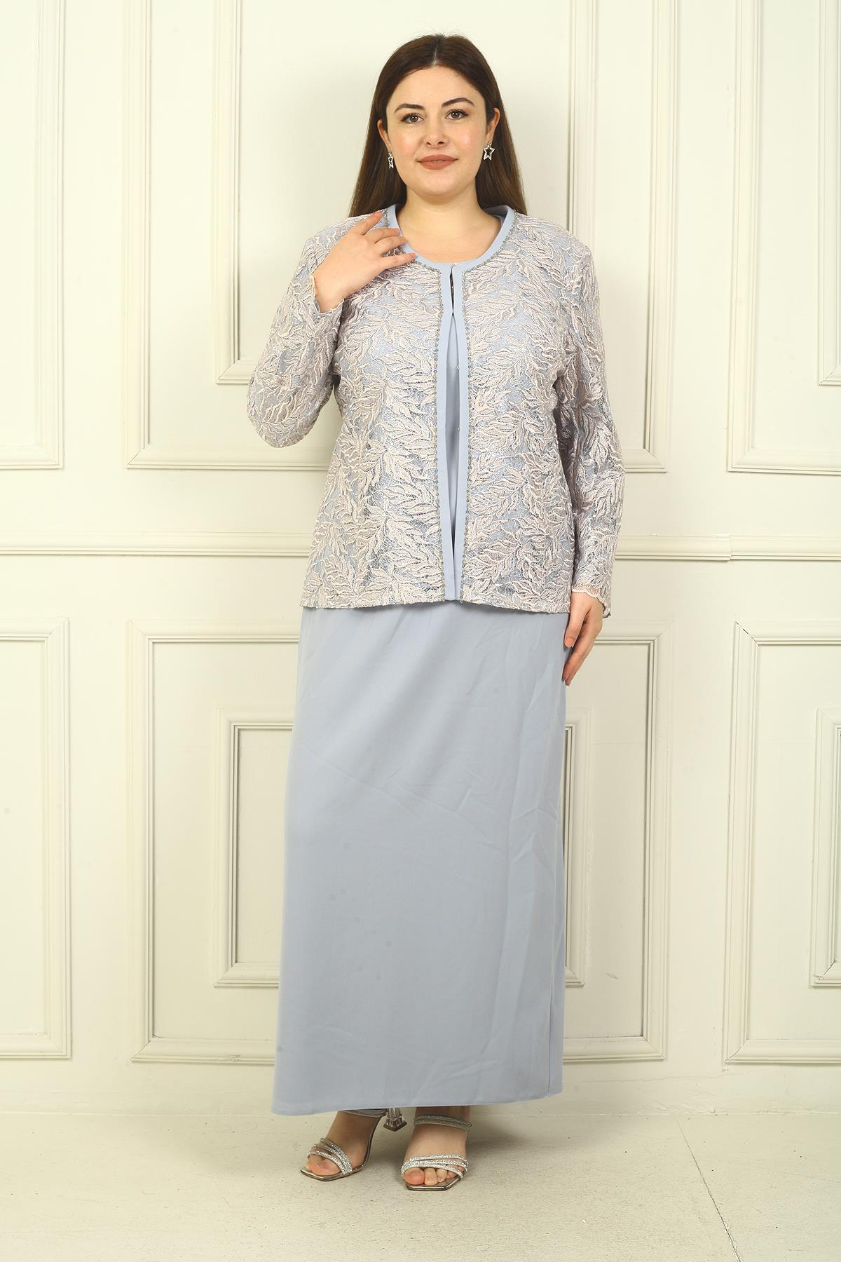 S-23K3070009Yakası Boncuk Nakışlı Uzun Elbise Boncuk Pul Nakışlı Ceket Astarlı Büyük Beden 2'li Takım