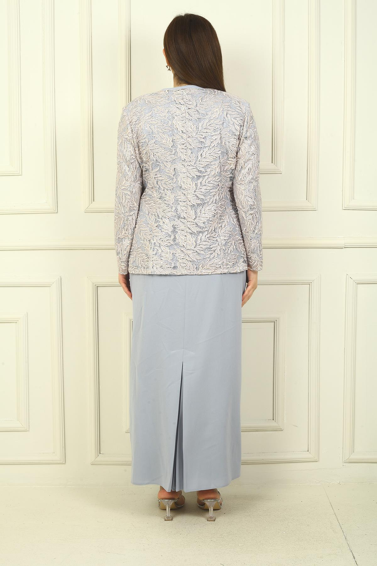 S-23K3070009Yakası Boncuk Nakışlı Uzun Elbise Boncuk Pul Nakışlı Ceket Astarlı Büyük Beden 2'li Takım