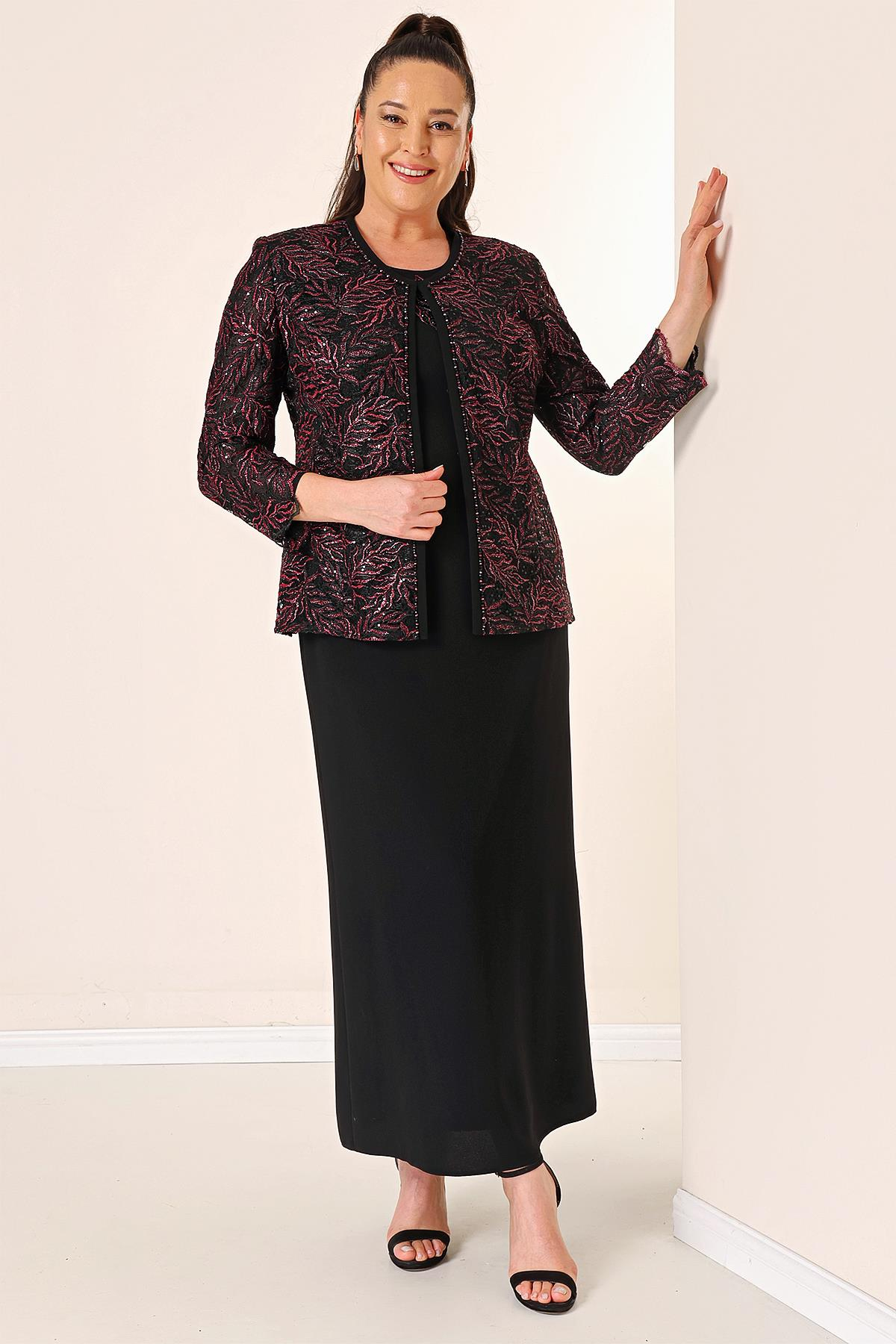 S-23K3070009Yakası Boncuk Nakışlı Uzun Elbise Boncuk Pul Nakışlı Ceket Astarlı Büyük Beden 2'li Takım