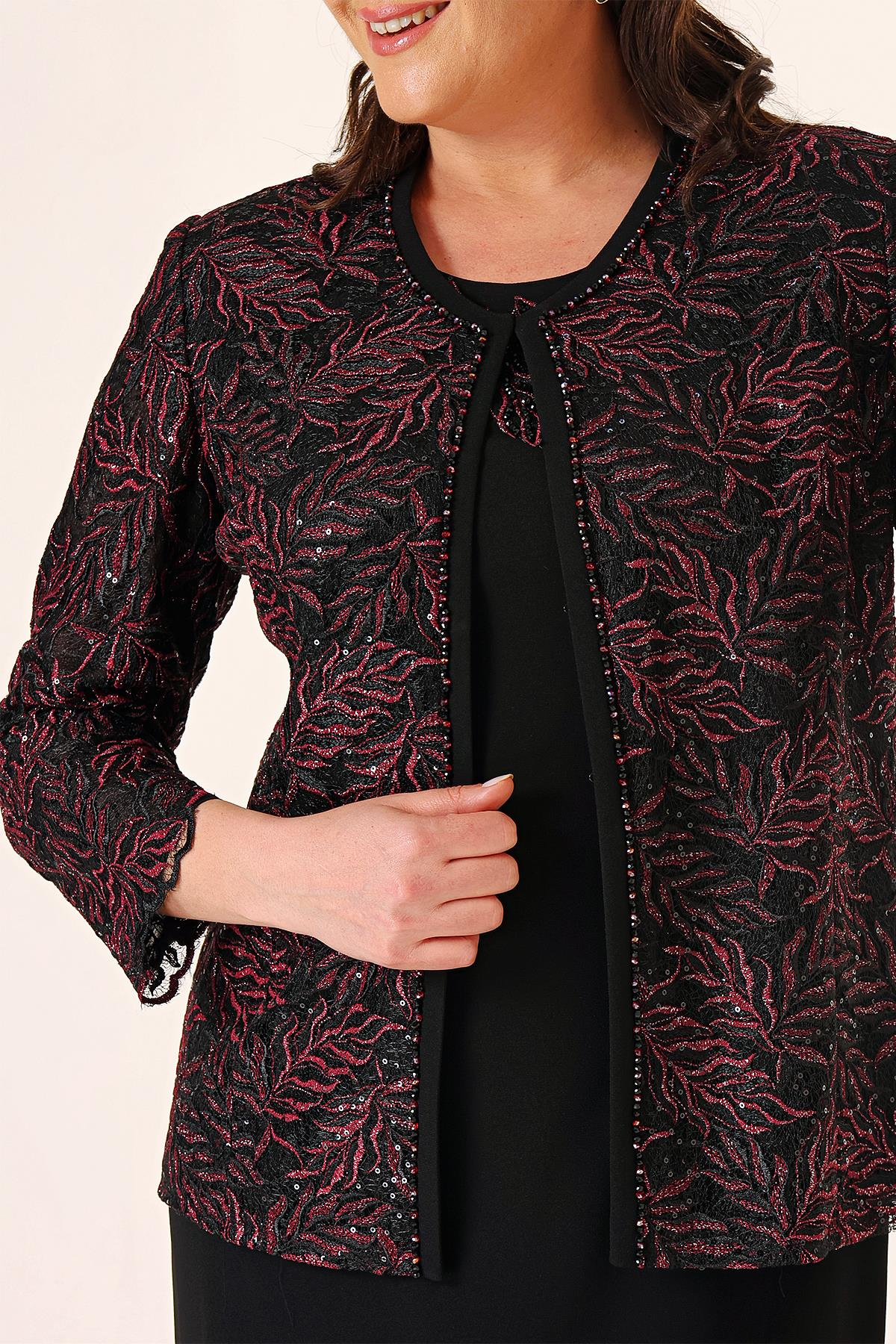 S-23K3070009Yakası Boncuk Nakışlı Uzun Elbise Boncuk Pul Nakışlı Ceket Astarlı Büyük Beden 2'li Takım