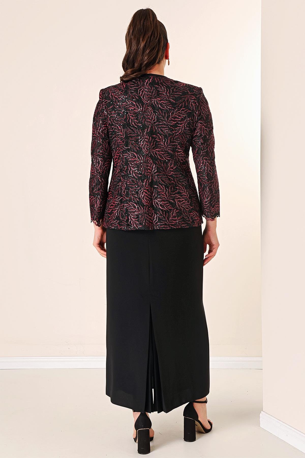 S-23K3070009Yakası Boncuk Nakışlı Uzun Elbise Boncuk Pul Nakışlı Ceket Astarlı Büyük Beden 2'li Takım