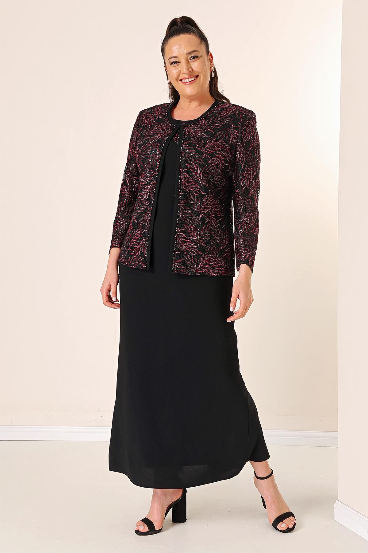 S-23K3070009Yakası Boncuk Nakışlı Uzun Elbise Boncuk Pul Nakışlı Ceket Astarlı Büyük Beden 2'li Takım