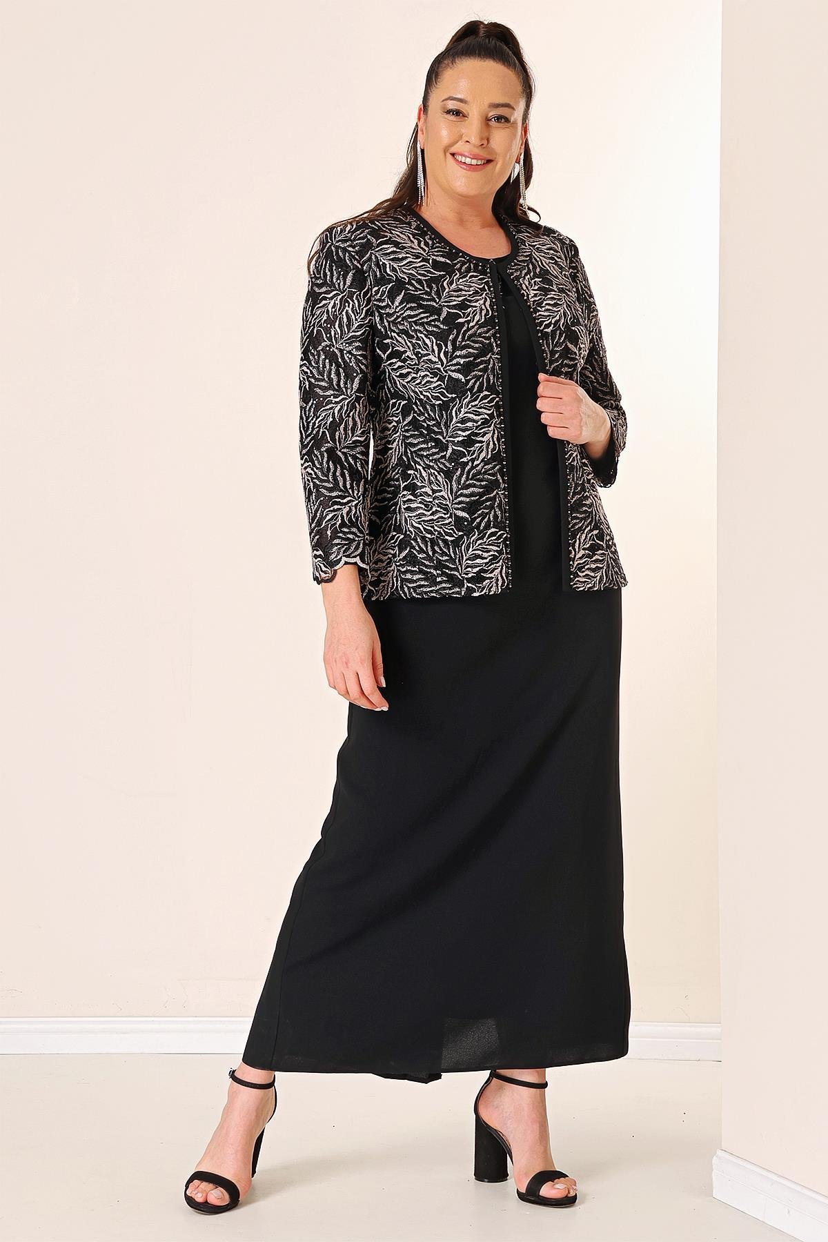 S-23K3070009Yakası Boncuk Nakışlı Uzun Elbise Boncuk Pul Nakışlı Ceket Astarlı Büyük Beden 2'li Takım