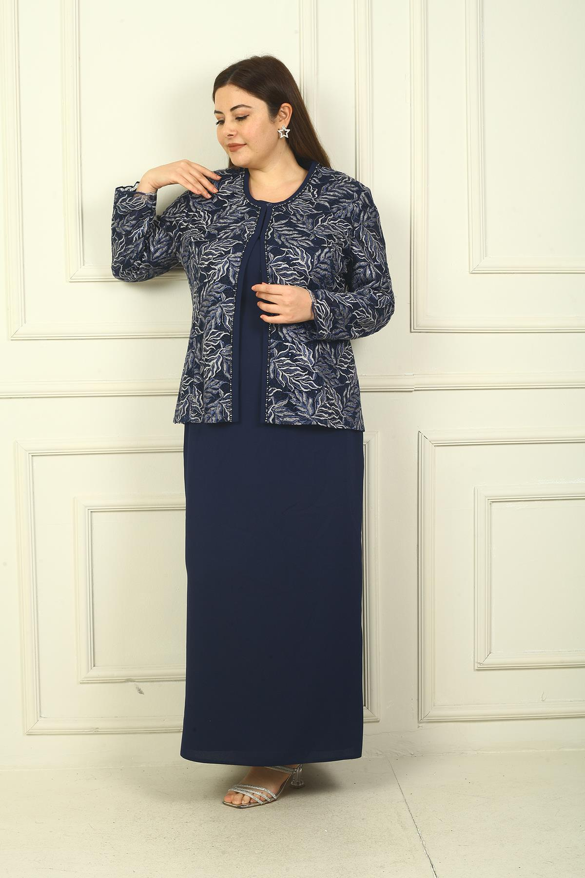 S-23K3070009Yakası Boncuk Nakışlı Uzun Elbise Boncuk Pul Nakışlı Ceket Astarlı Büyük Beden 2'li Takım