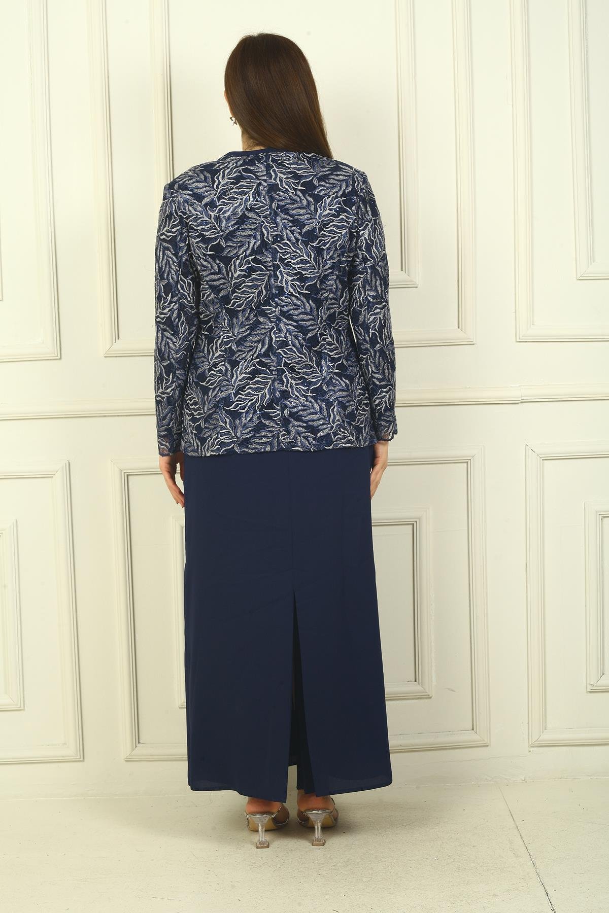 S-23K3070009Yakası Boncuk Nakışlı Uzun Elbise Boncuk Pul Nakışlı Ceket Astarlı Büyük Beden 2'li Takım