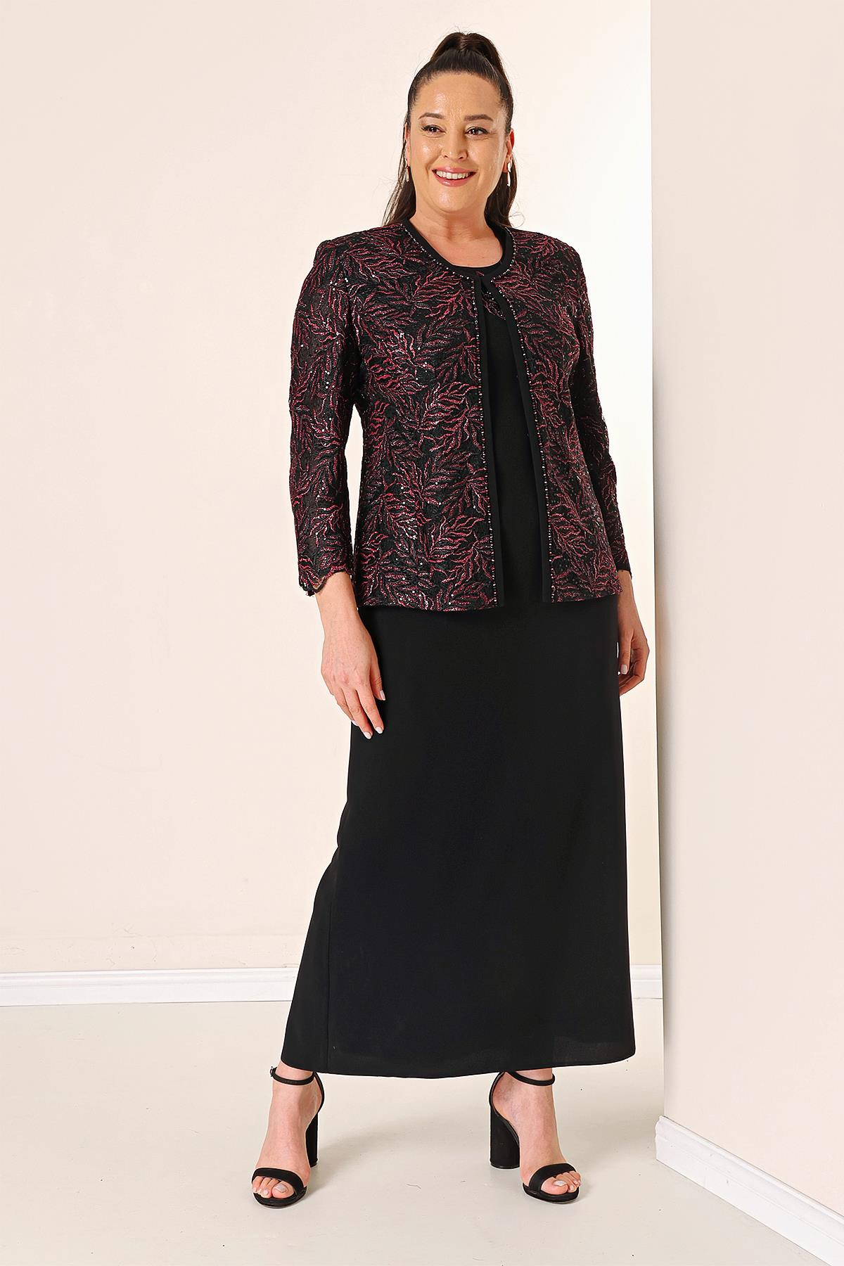 S-23K3070009Yakası Boncuk Nakışlı Uzun Elbise Boncuk Pul Nakışlı Ceket Astarlı Büyük Beden 2'li Takım