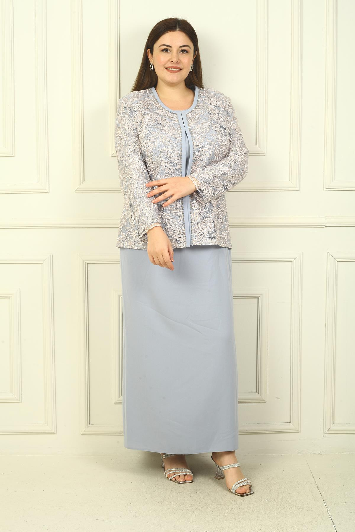 S-23K3070009Yakası Boncuk Nakışlı Uzun Elbise Boncuk Pul Nakışlı Ceket Astarlı Büyük Beden 2'li Takım