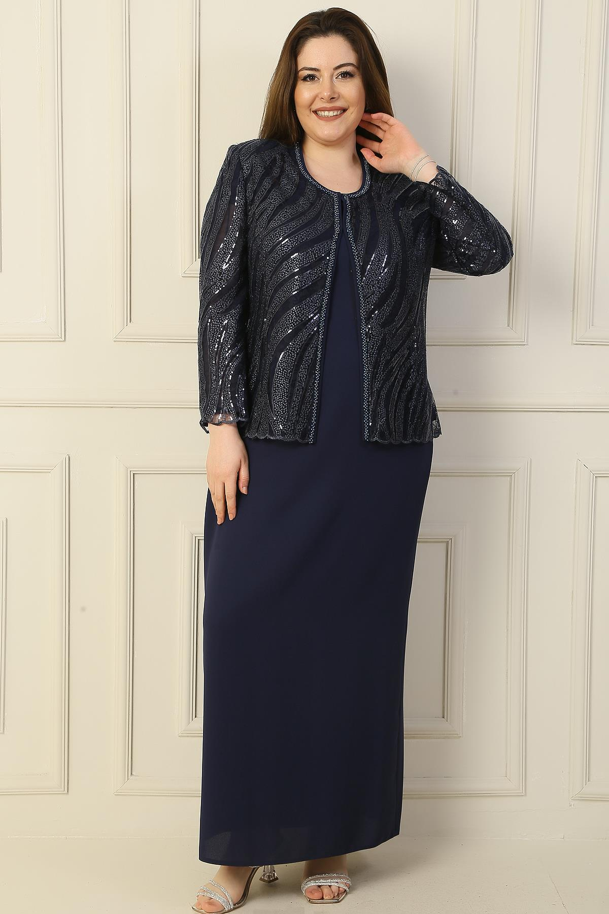 S-23K3070018Yarım Ay Kollu Uzun Elbise Boncuk Pul Nakışlı Tül Ceket Astarlı Büyük Beden 2'li Takım