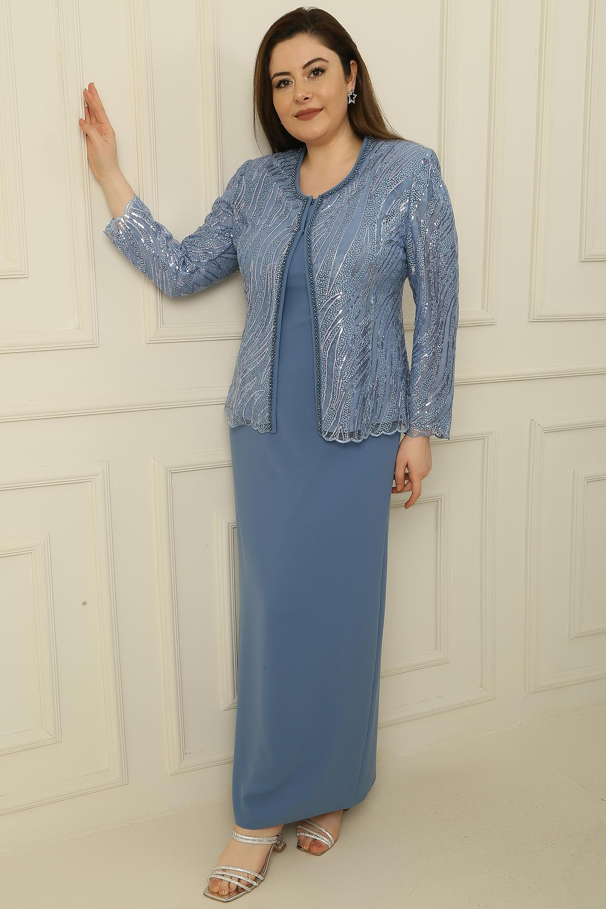 S-23K3070018Yarım Ay Kollu Uzun Elbise Boncuk Pul Nakışlı Tül Ceket Astarlı Büyük Beden 2'li Takım