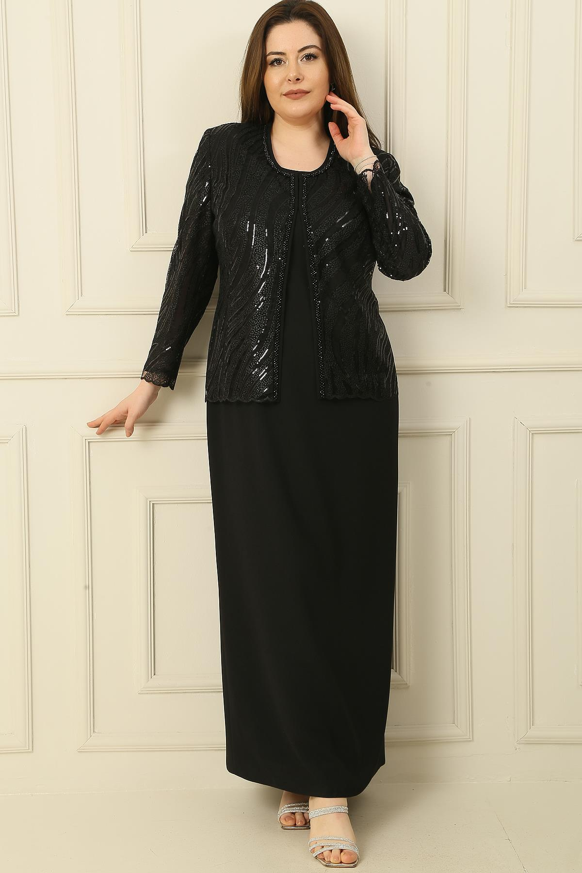 S-23K3070018Tulle Embroidery Bead plus size Sequin Dress with Half Moon long sleeve Lined Jacket 2-piece set