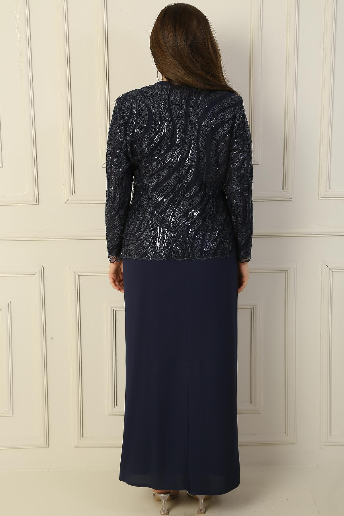 S-23K3070018Yarım Ay Kollu Uzun Elbise Boncuk Pul Nakışlı Tül Ceket Astarlı Büyük Beden 2'li Takım