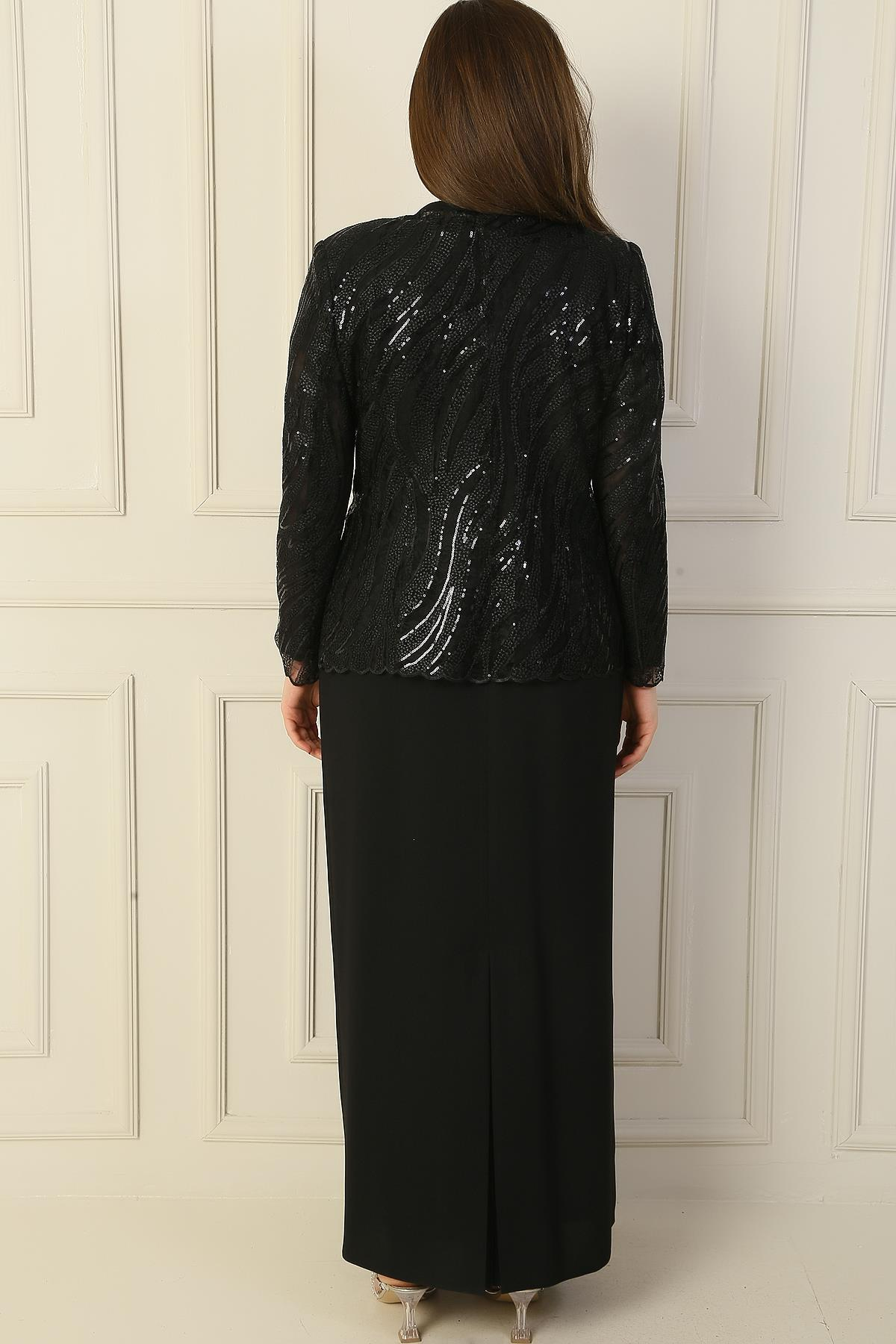 S-23K3070018Tulle Embroidery Bead plus size Sequin Dress with Half Moon long sleeve Lined Jacket 2-piece set