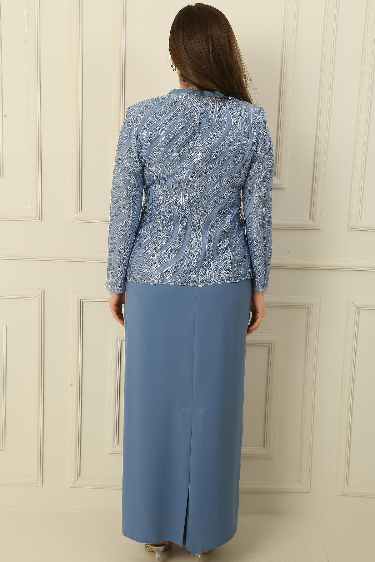 S-23K3070018Yarım Ay Kollu Uzun Elbise Boncuk Pul Nakışlı Tül Ceket Astarlı Büyük Beden 2'li Takım