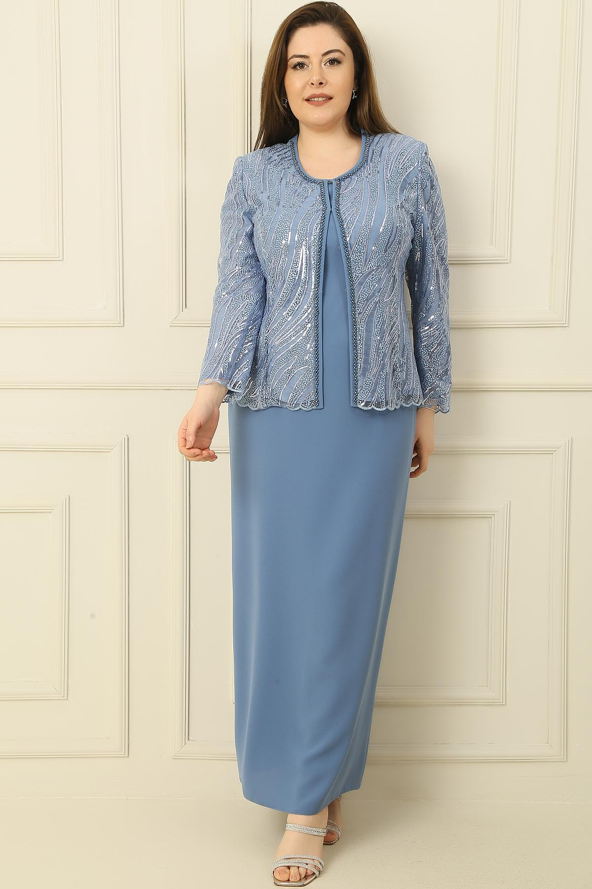 S-23K3070018Yarım Ay Kollu Uzun Elbise Boncuk Pul Nakışlı Tül Ceket Astarlı Büyük Beden 2'li Takım