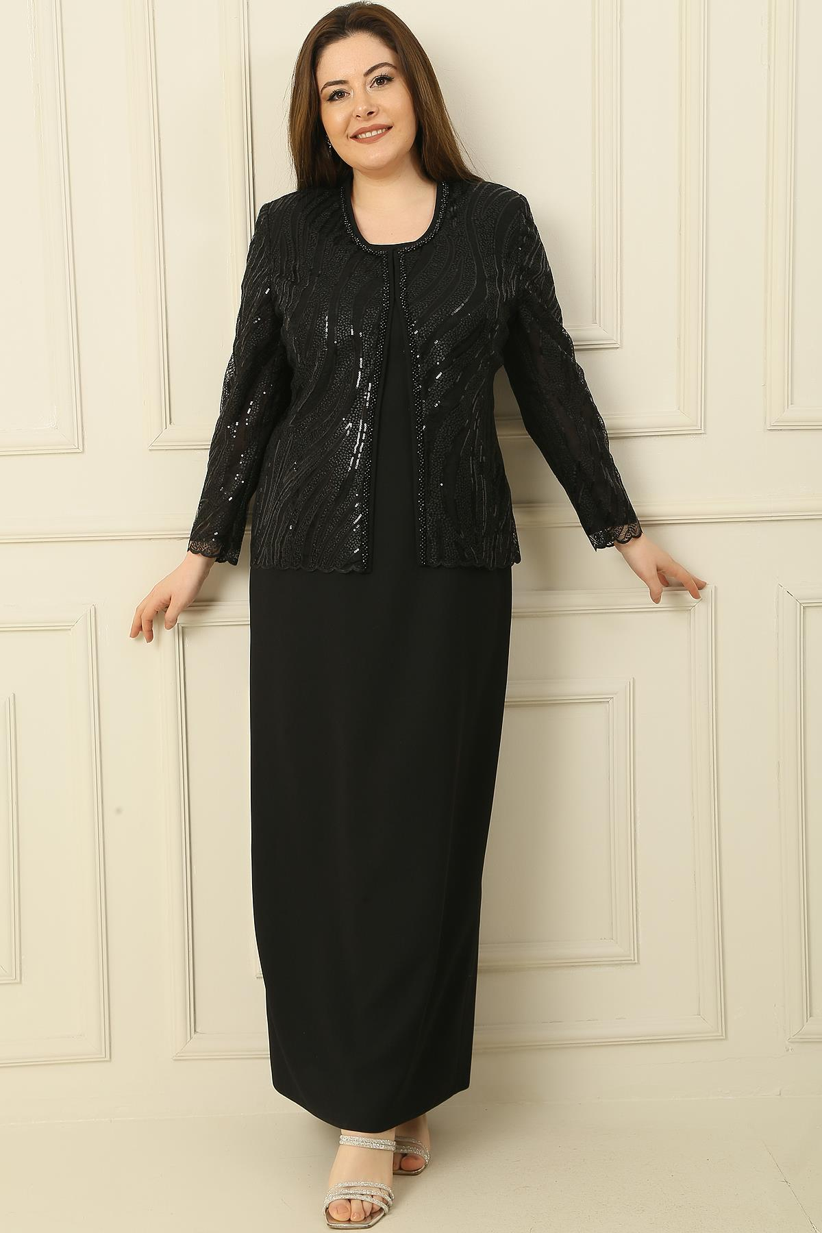 S-23K3070018Tulle Embroidery Bead plus size Sequin Dress with Half Moon long sleeve Lined Jacket 2-piece set