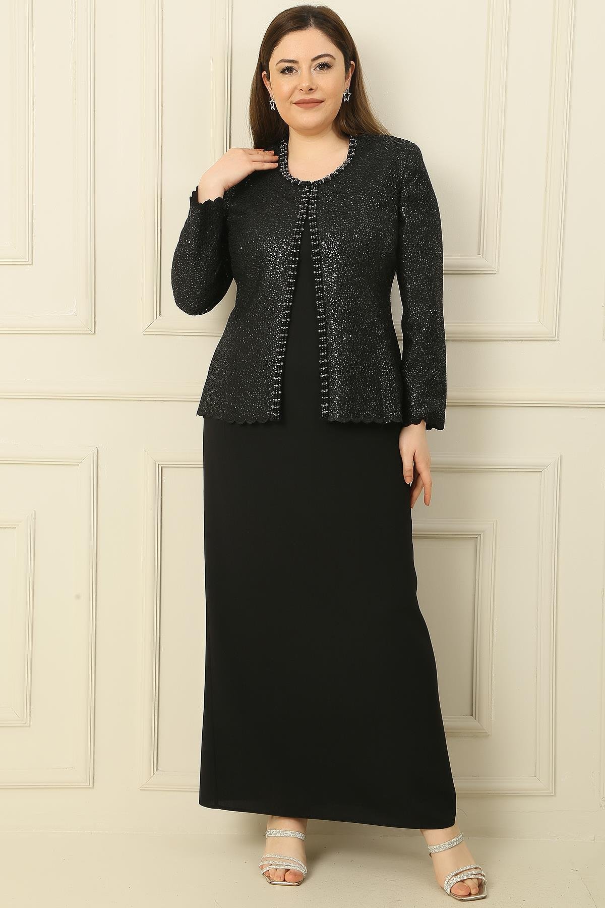 S-23K3070019Yaka Taşlı Astarlı Uzun Krep Elbise Pullu Ceket Büyük Beden 2'li Takım