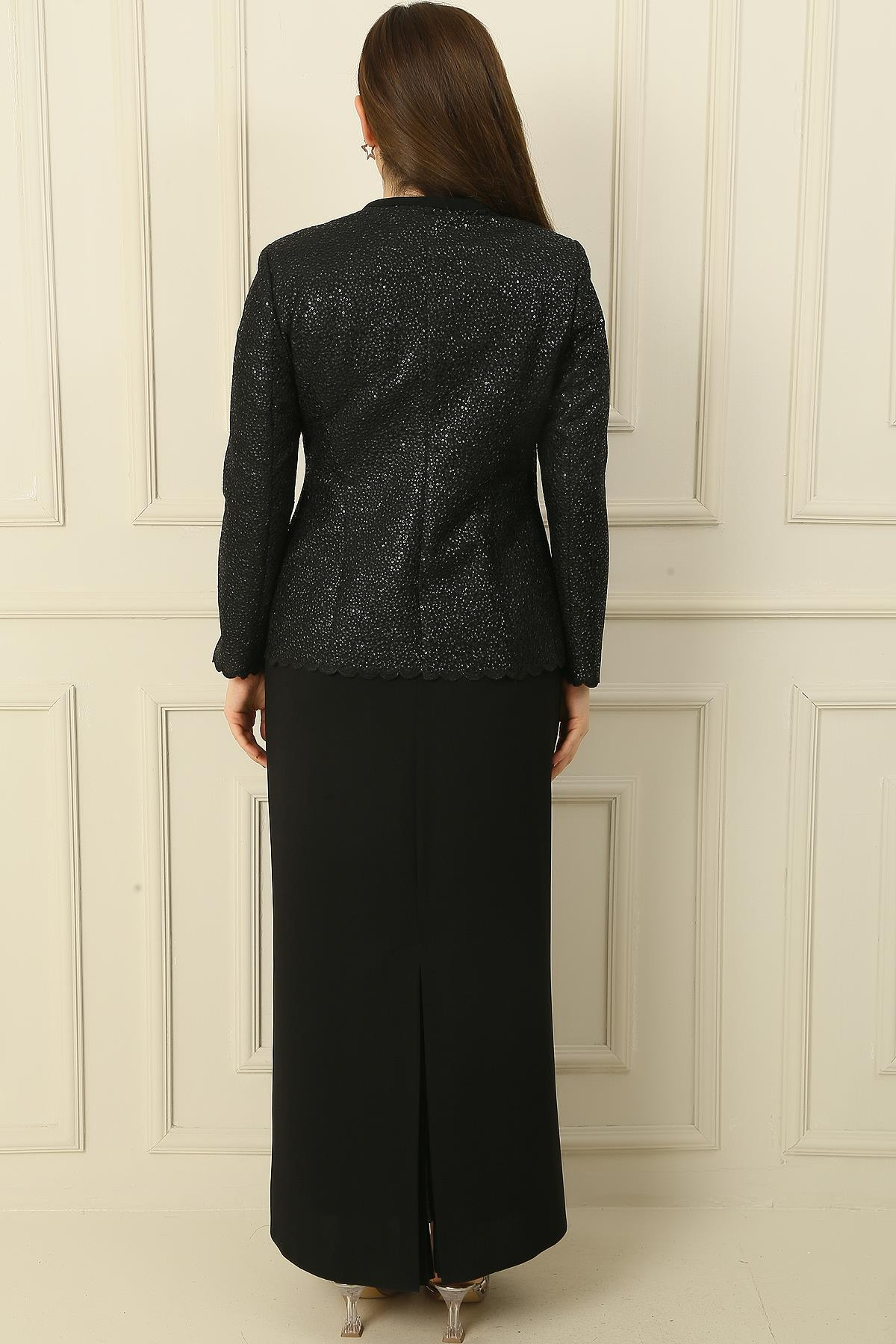 S-23K3070019Yaka Taşlı Astarlı Uzun Krep Elbise Pullu Ceket Büyük Beden 2'li Takım