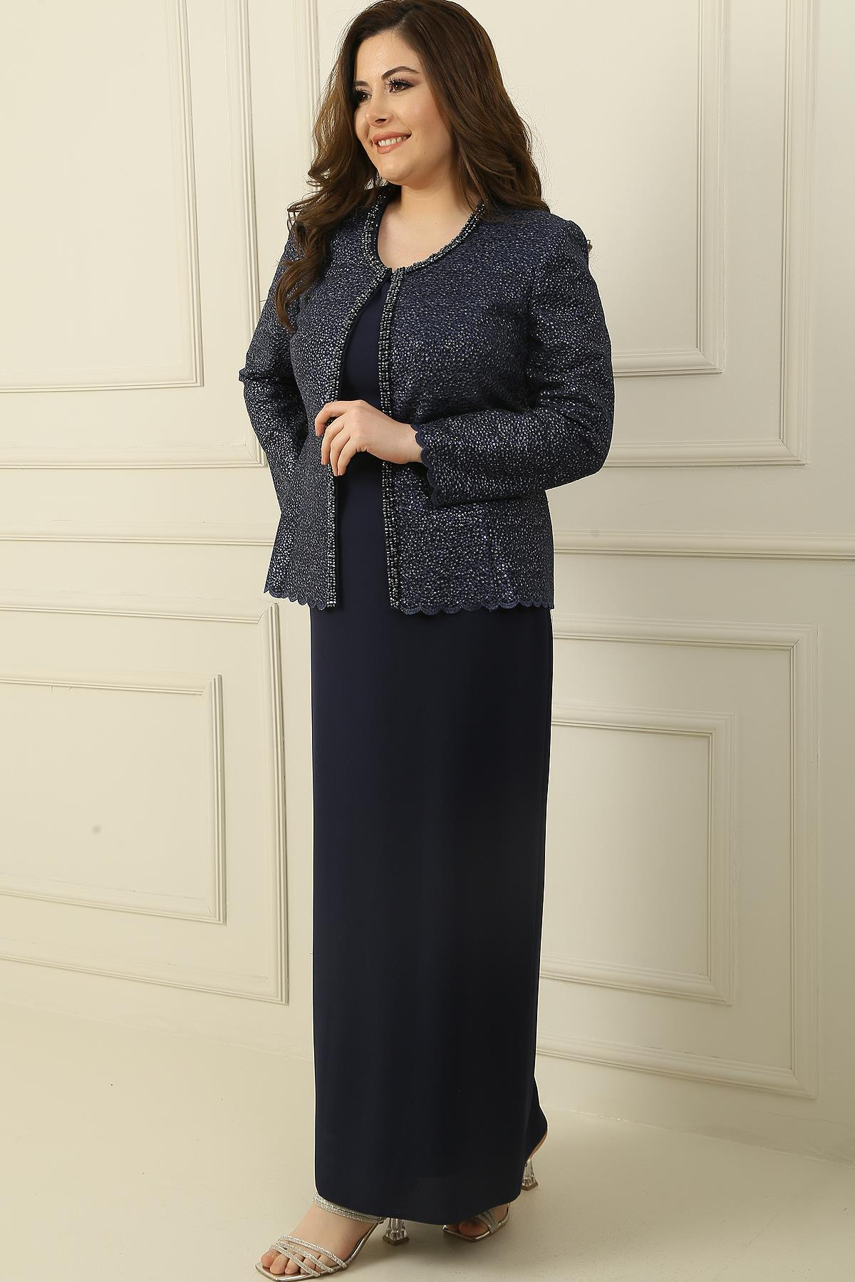 S-23K3070019Yaka Taşlı Astarlı Uzun Krep Elbise Pullu Ceket Büyük Beden 2'li Takım