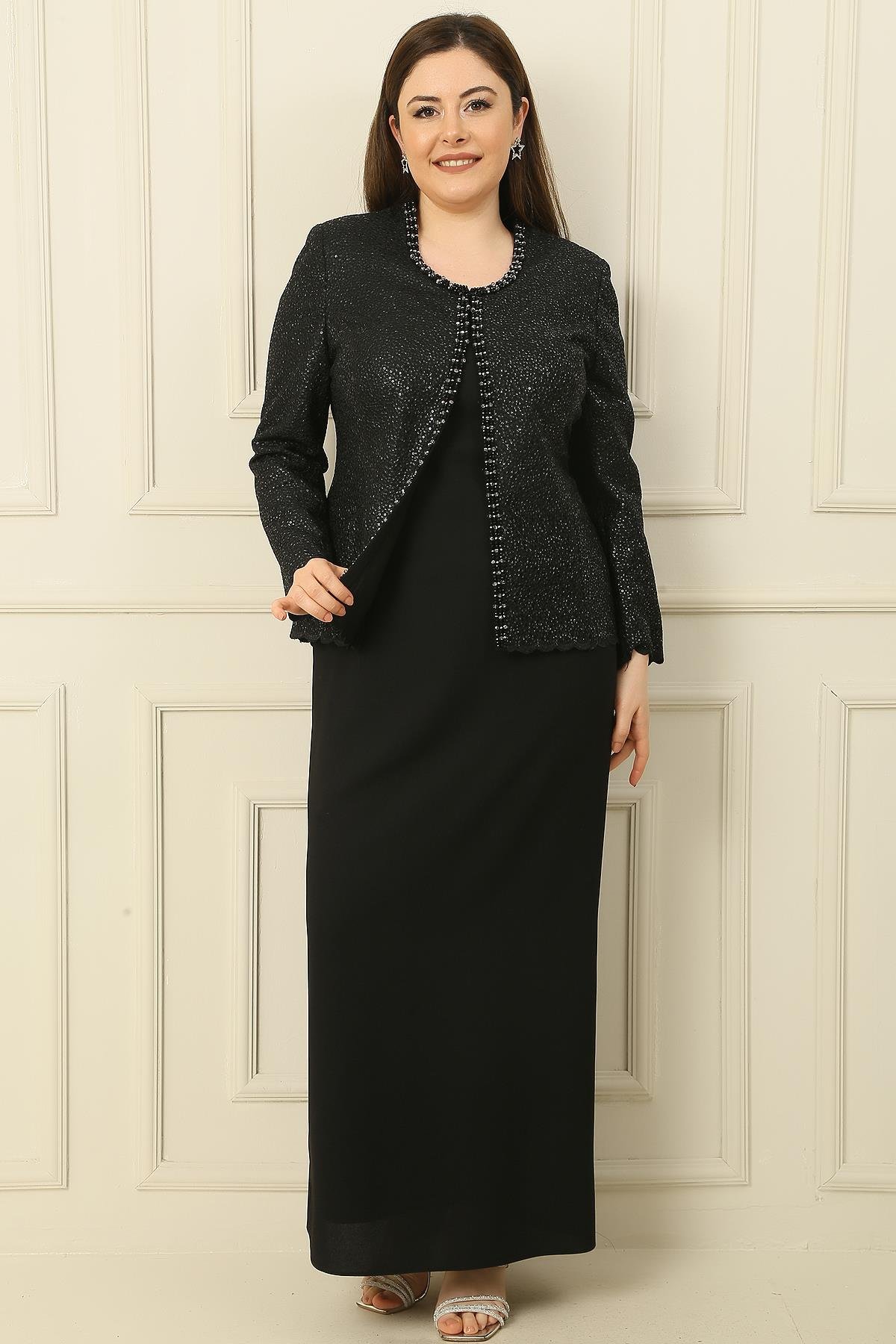 S-23K3070019Yaka Taşlı Astarlı Uzun Krep Elbise Pullu Ceket Büyük Beden 2'li Takım