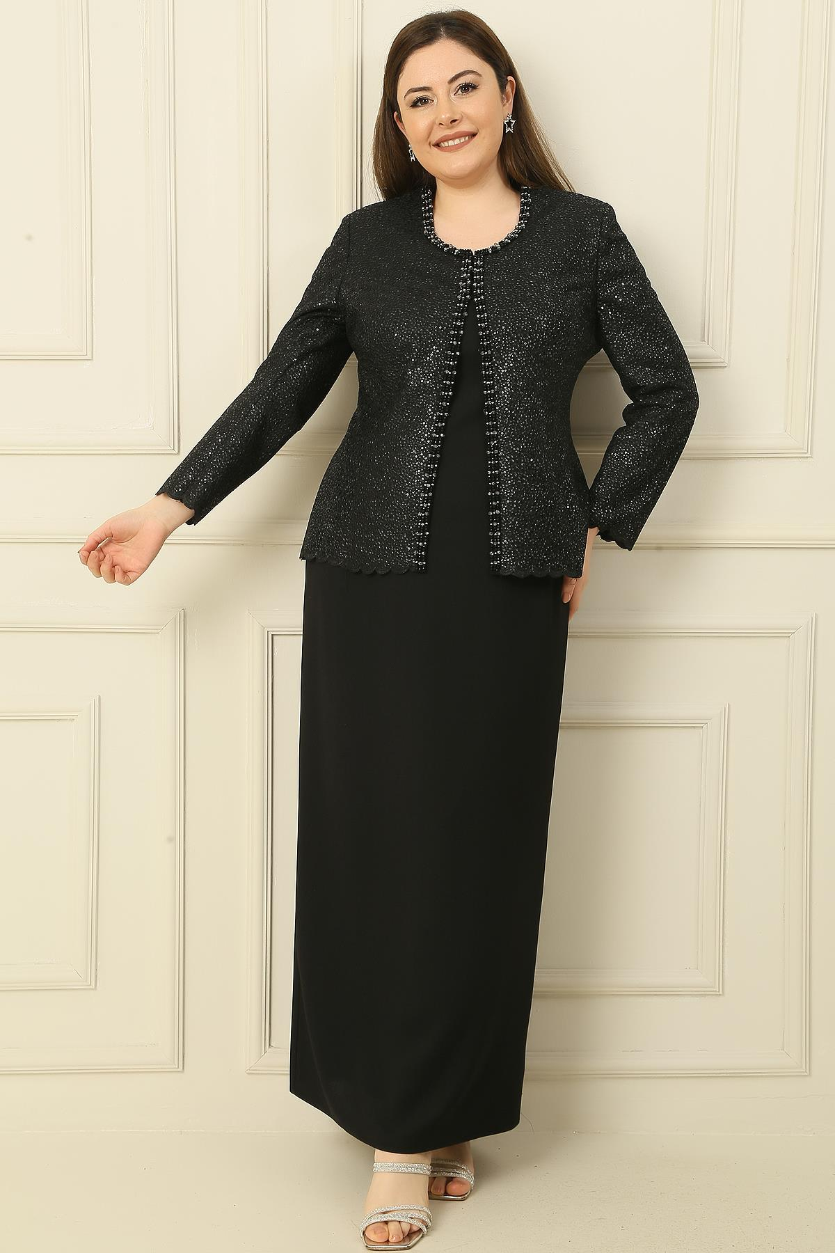 S-23K3070019Yaka Taşlı Astarlı Uzun Krep Elbise Pullu Ceket Büyük Beden 2'li Takım