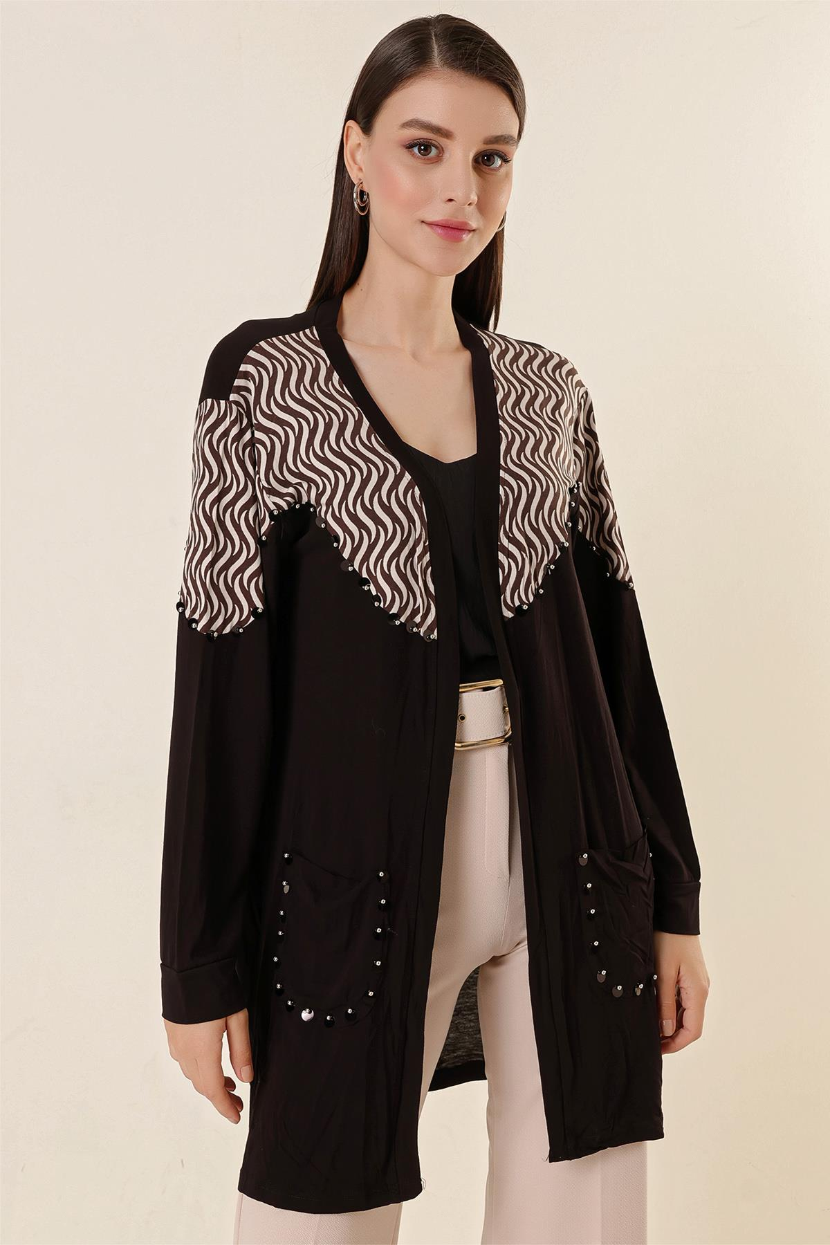 S-23K3160009Pulpayet Detaylı Cepli S Desenli Likralı Hırka