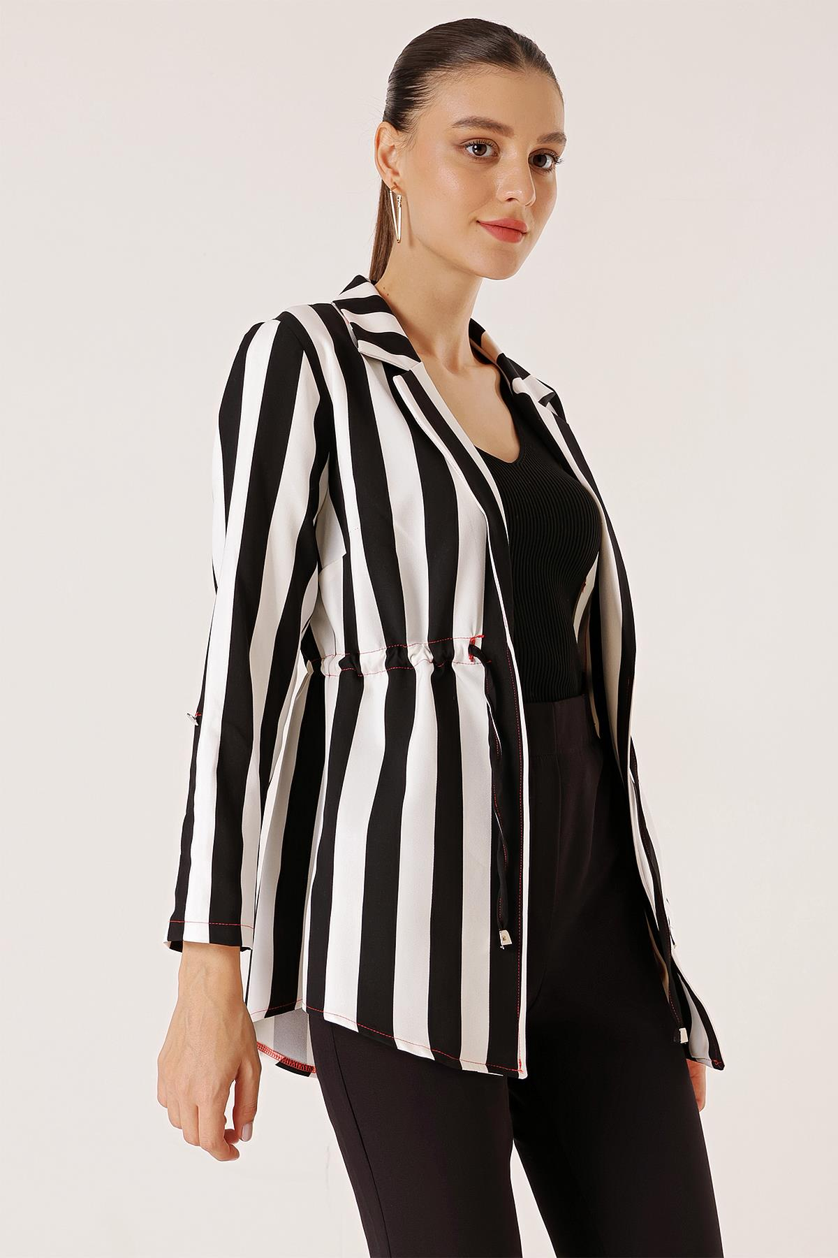 S-23K3310021Waist-tied Sleeve-Folded, thick red vertical striped jacket with Rope Detail