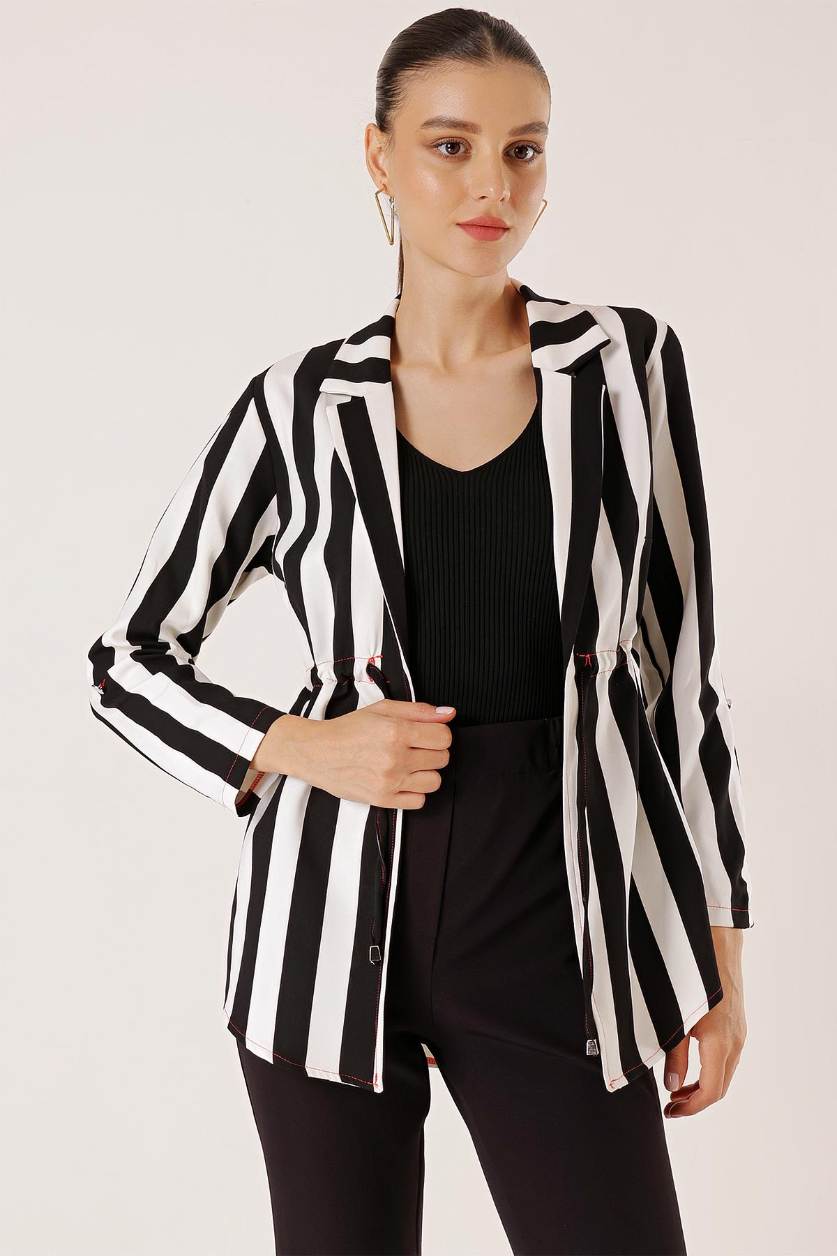 S-23K3310021Waist-tied Sleeve-Folded, thick red vertical striped jacket with Rope Detail