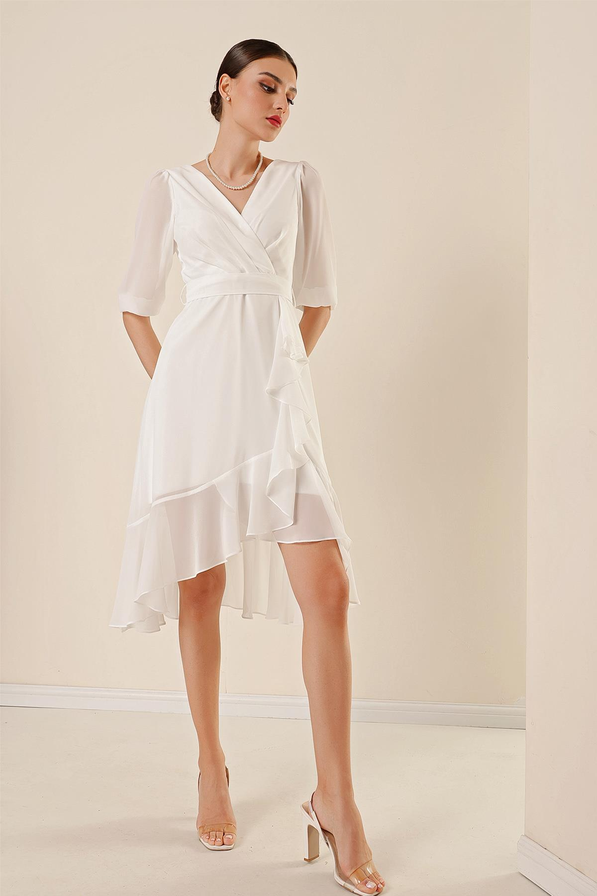 S-23K3630007Crossover Neck, Ruffle Hem, Belted Waist, Lined, Balloon Sleeve, Wide Range Of Chiffon Dress