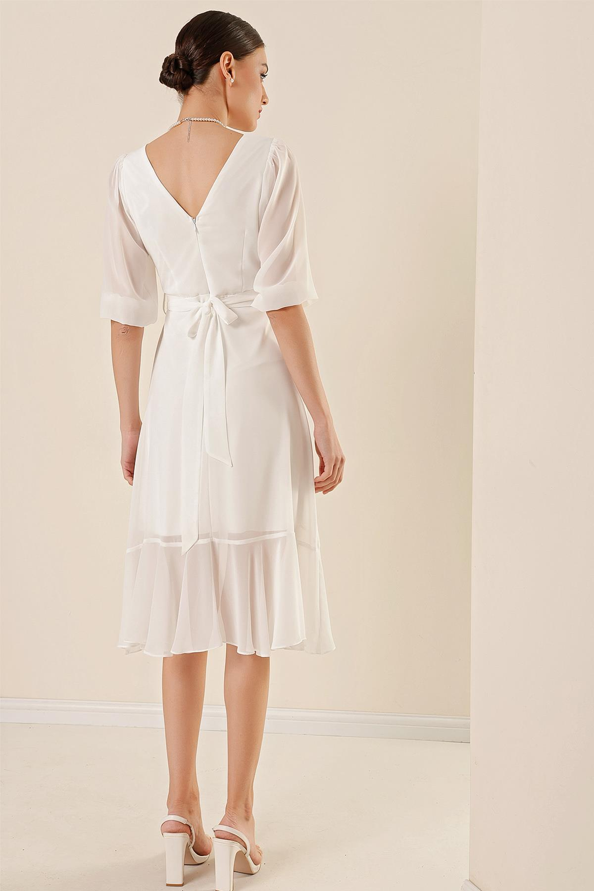 S-23K3630007Crossover Neck, Ruffle Hem, Belted Waist, Lined, Balloon Sleeve, Wide Range Of Chiffon Dress