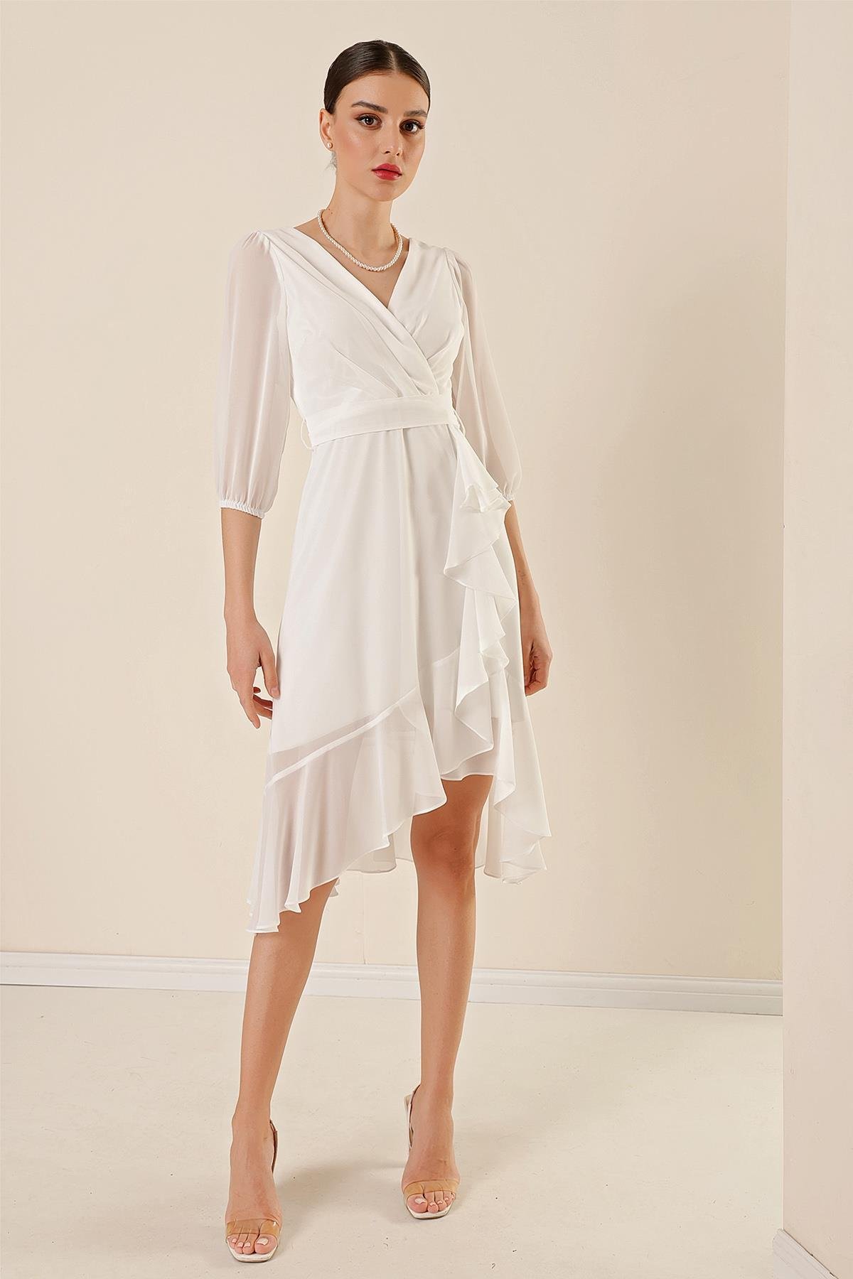 S-23K3630007Crossover Neck, Ruffle Hem, Belted Waist, Lined, Balloon Sleeve, Wide Range Of Chiffon Dress