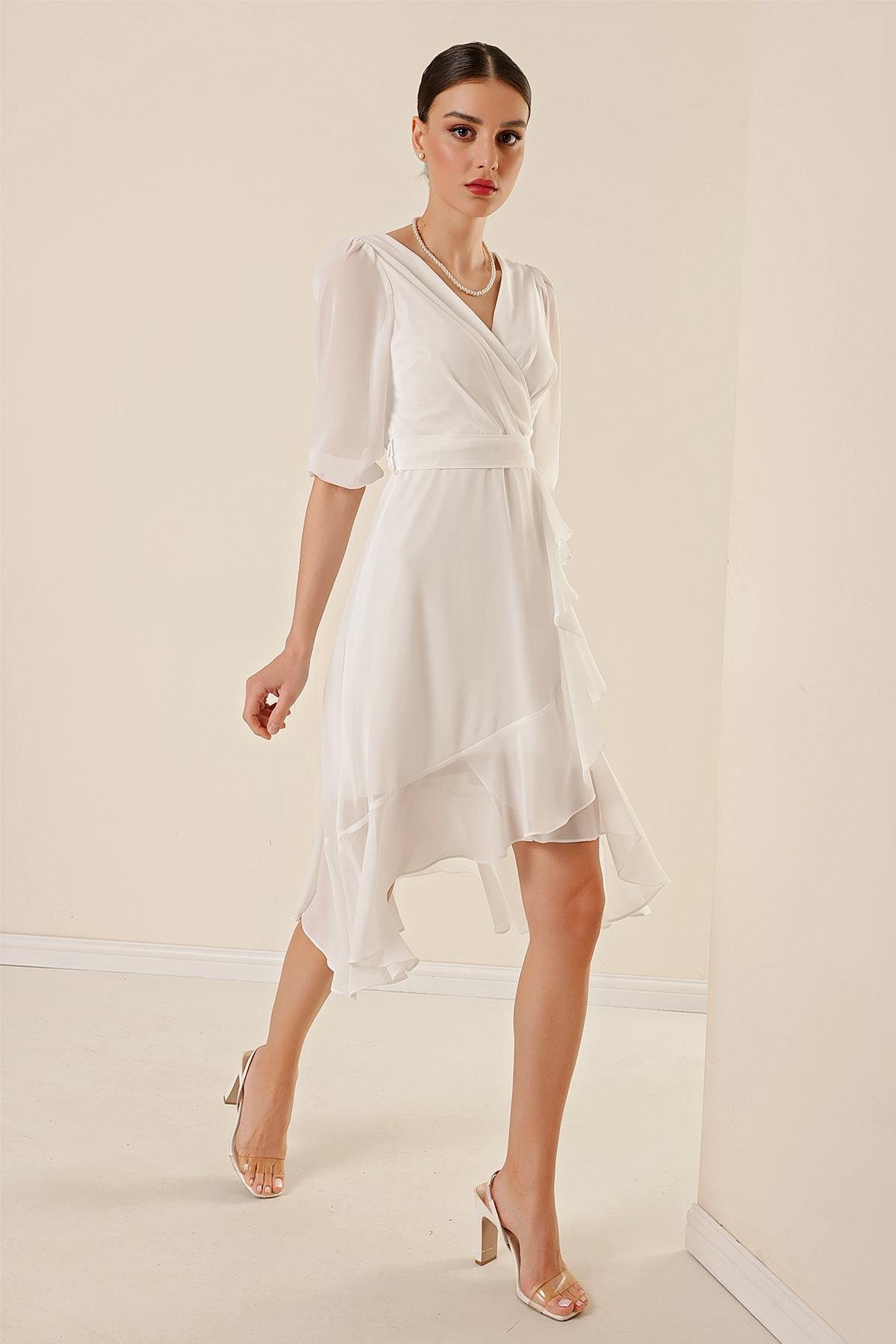 S-23K3630007Crossover Neck, Ruffle Hem, Belted Waist, Lined, Balloon Sleeve, Wide Range Of Chiffon Dress