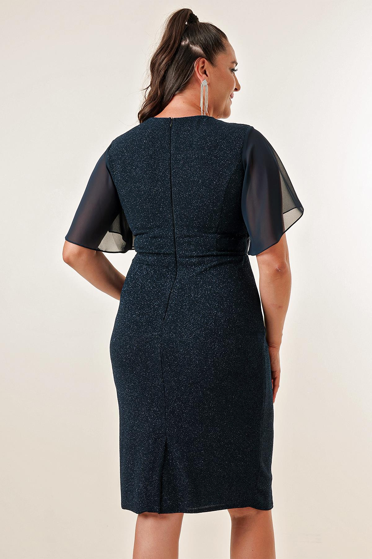 S-23K3630009Chiffon Sleeved, Stoned Side, Lined, Plus Size, Glittery Short Dress