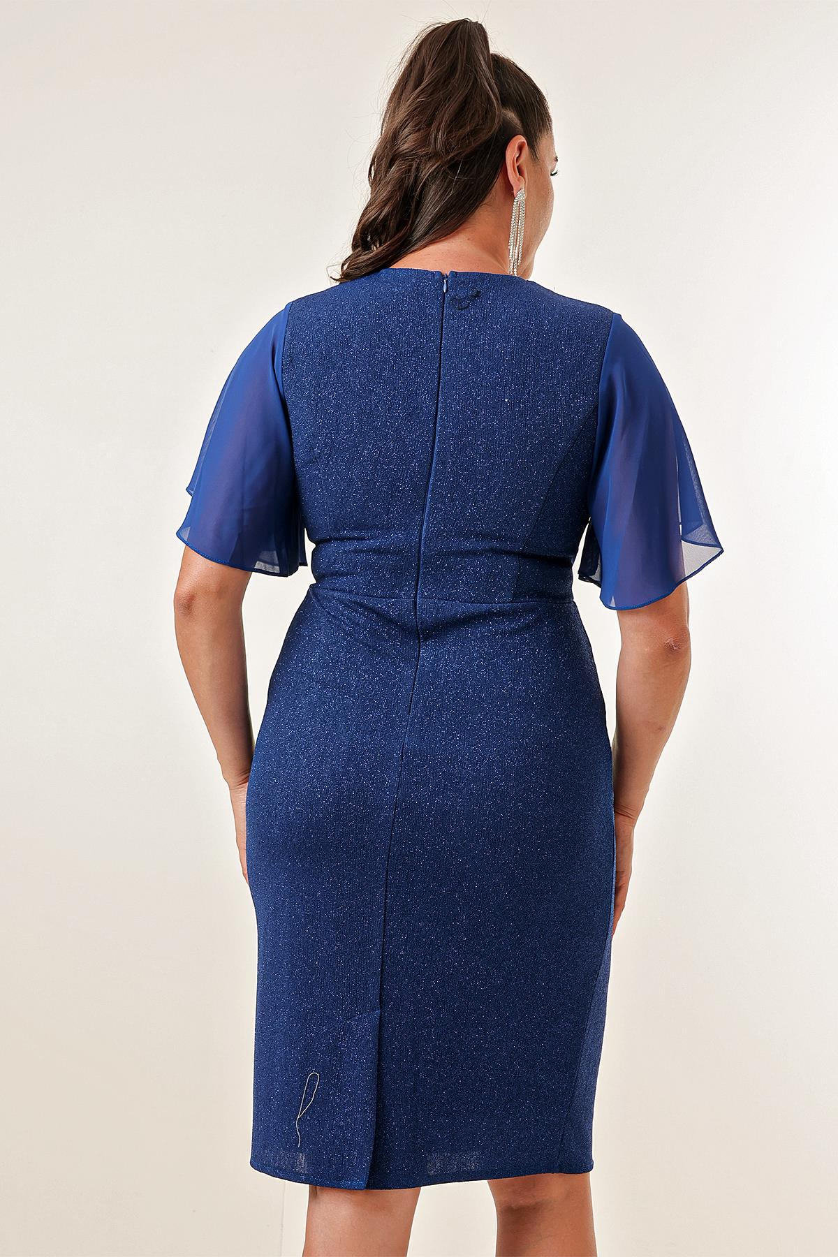 S-23K3630009Chiffon Sleeved, Stoned Side, Lined, Plus Size, Glittery Short Dress