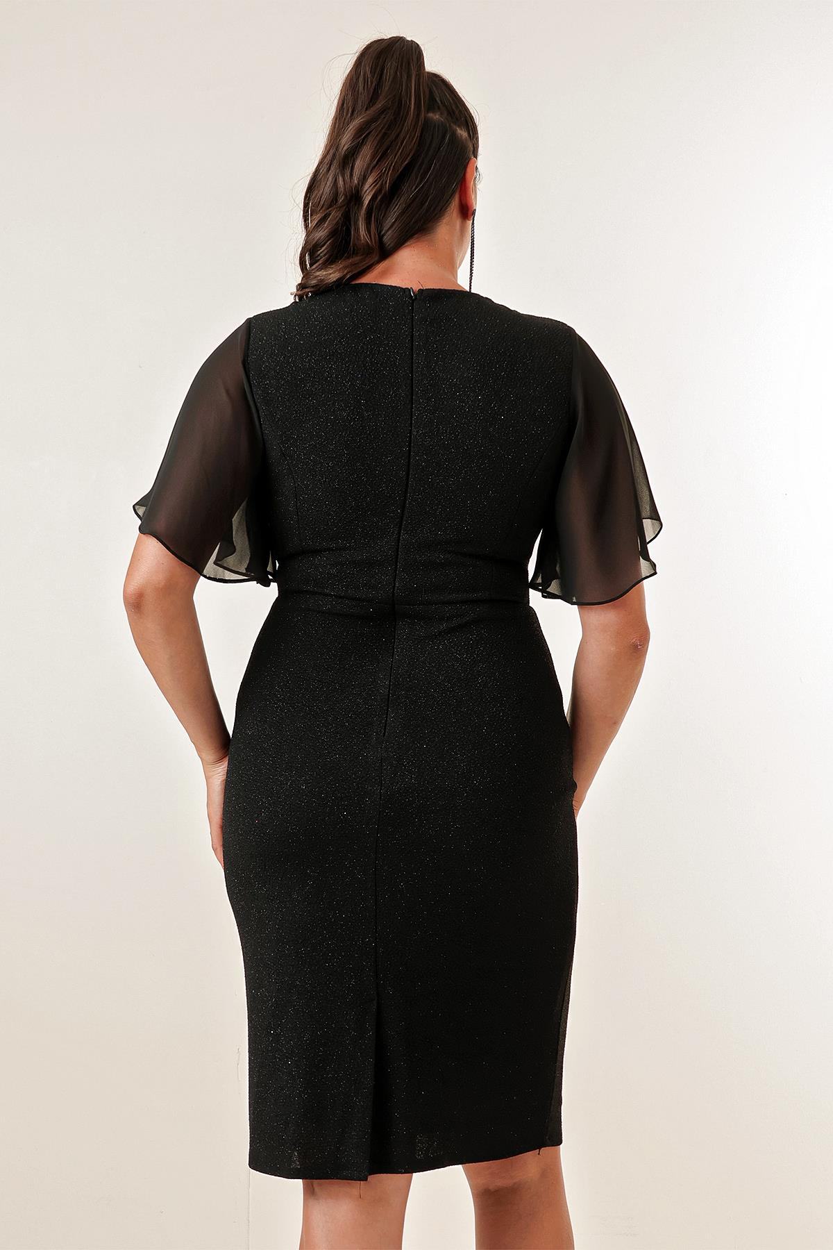 S-23K3630009Chiffon Sleeved, Stoned Side, Lined, Plus Size, Glittery Short Dress