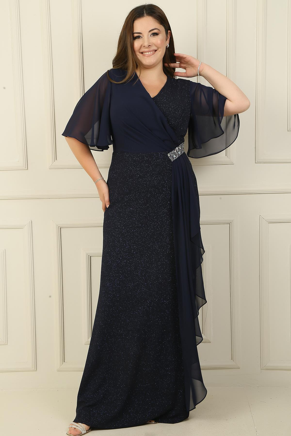 S-23K3630014Oversized Chiffon Dress With Long Sleeves Sequins Stones Accessories