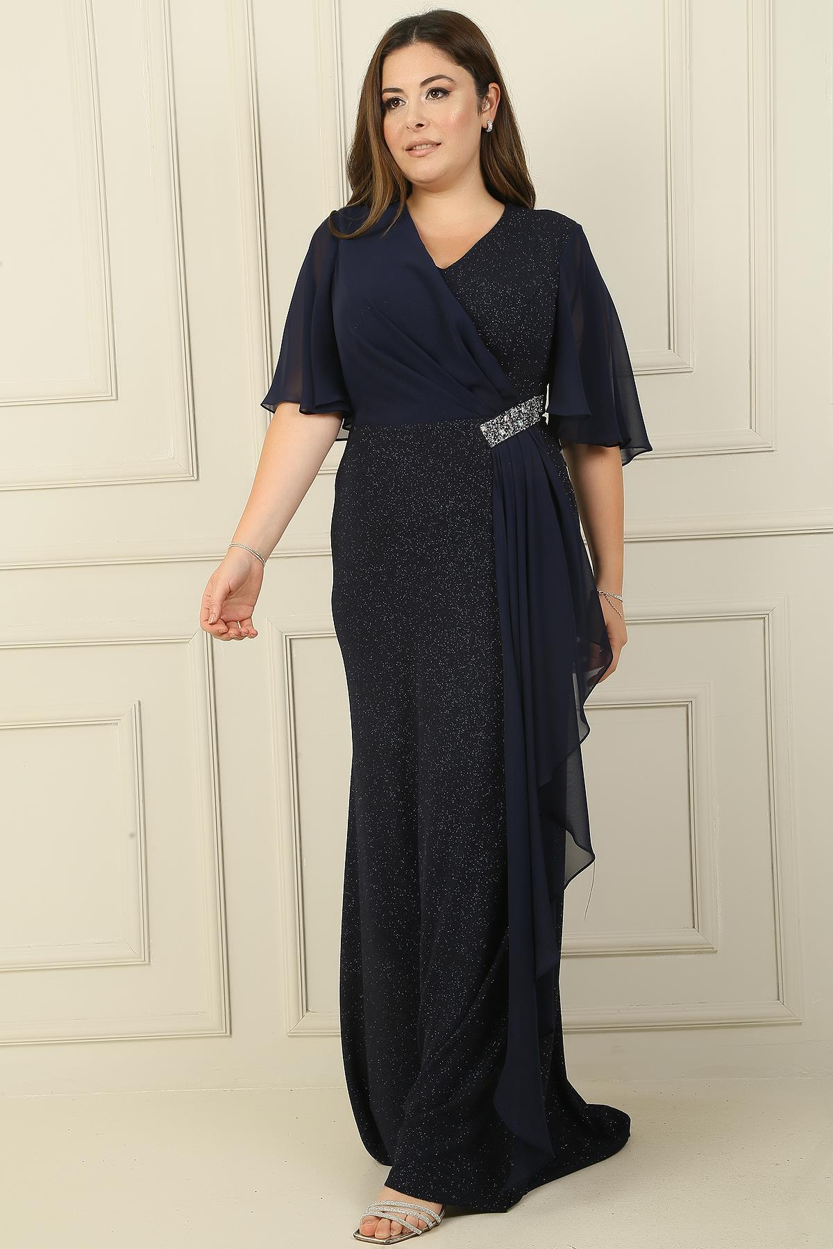 S-23K3630014Oversized Chiffon Dress With Long Sleeves Sequins Stones Accessories