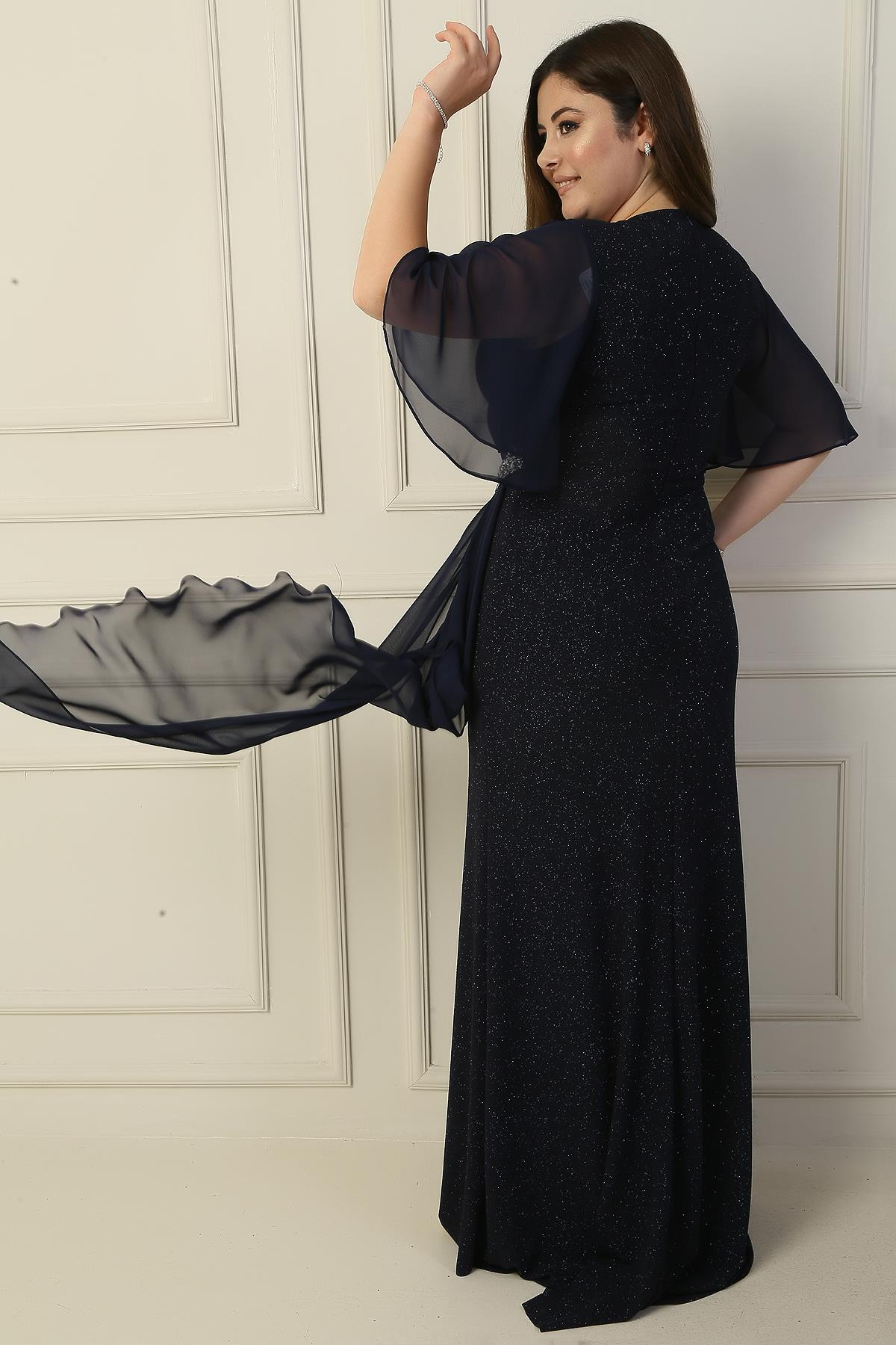 S-23K3630014Oversized Chiffon Dress With Long Sleeves Sequins Stones Accessories