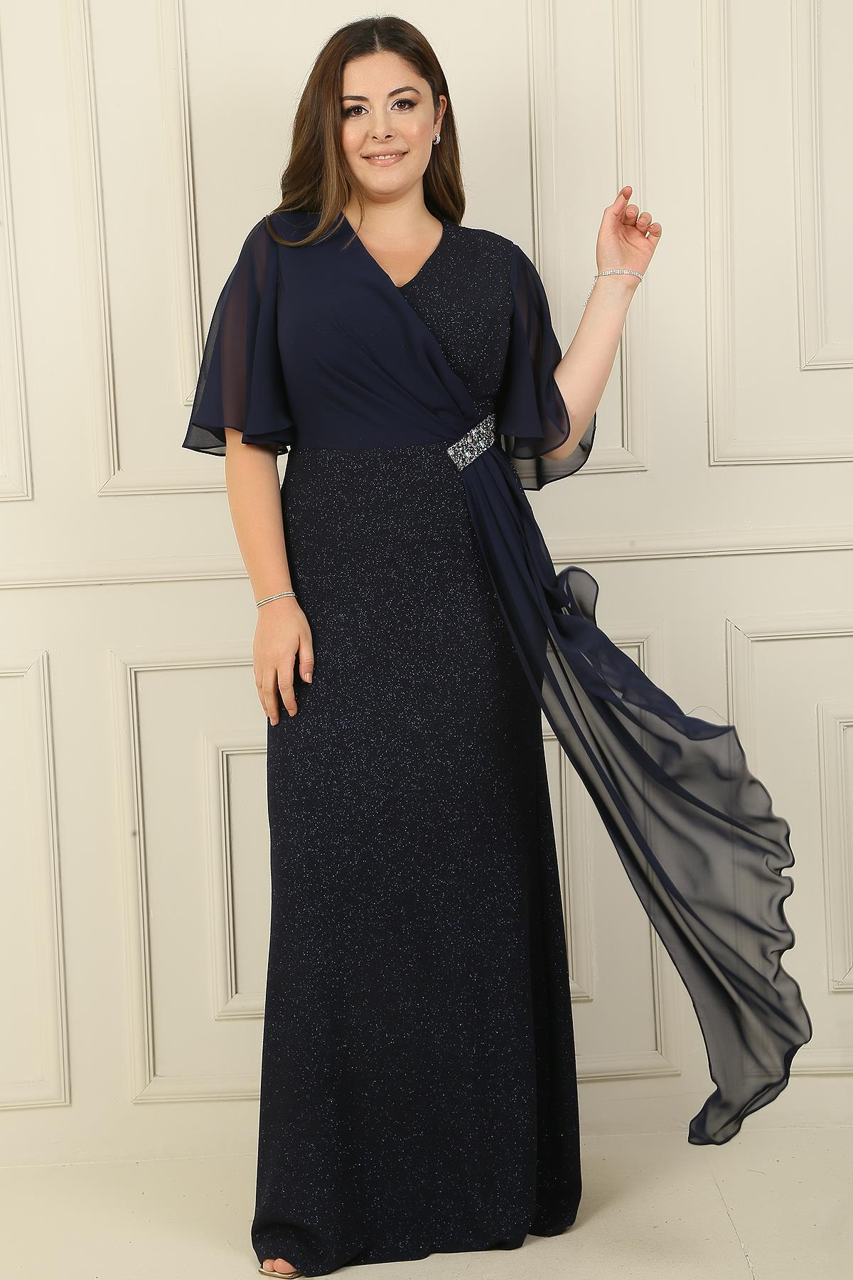 S-23K3630014Oversized Chiffon Dress With Long Sleeves Sequins Stones Accessories