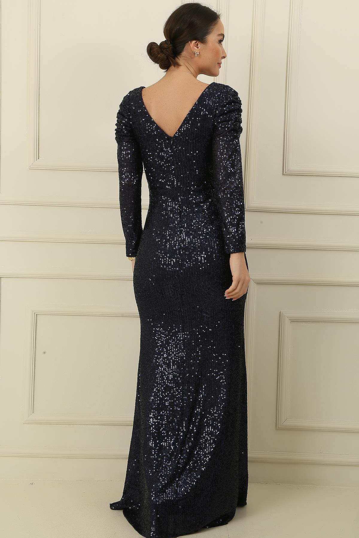 S-23K3630015Kruvaze Yaka Önü Drapeli Astarlı Pulpayet Uzun Elbise