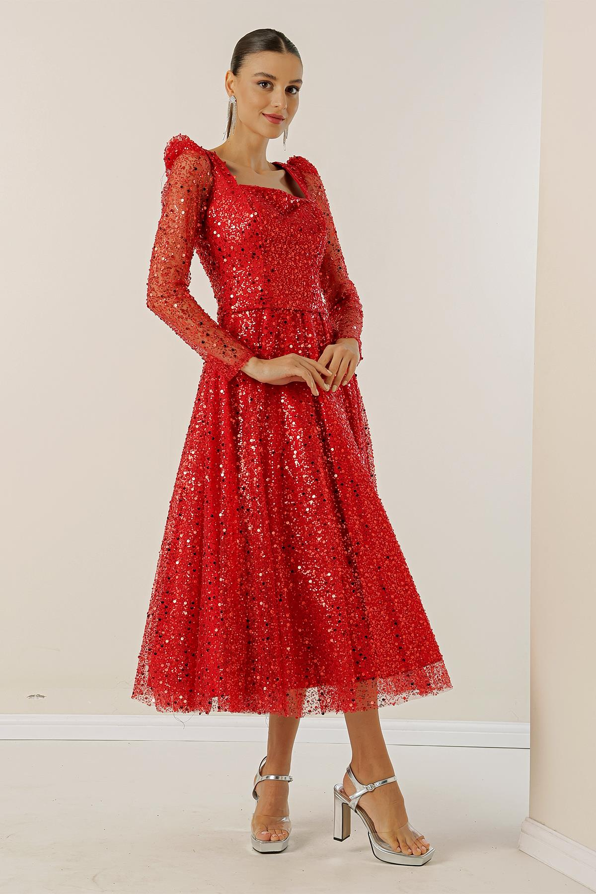 S-23K3800009Long Sleeve Beaded Dress-Square Neck Lined