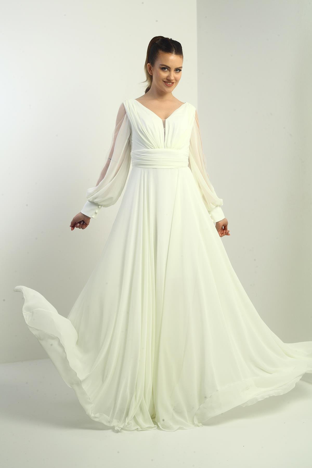 S-23K3800015Ön Arka V Yaka Önü Drapeli Kolları Tül Astarlı Geniş Beden Aralıklı Uzun Şifon Elbise