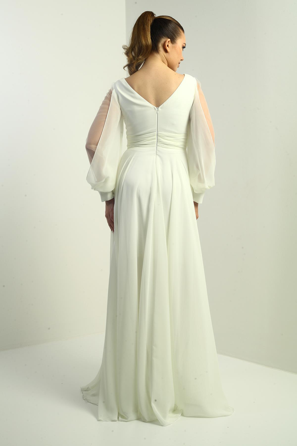 S-23K3800015Ön Arka V Yaka Önü Drapeli Kolları Tül Astarlı Geniş Beden Aralıklı Uzun Şifon Elbise