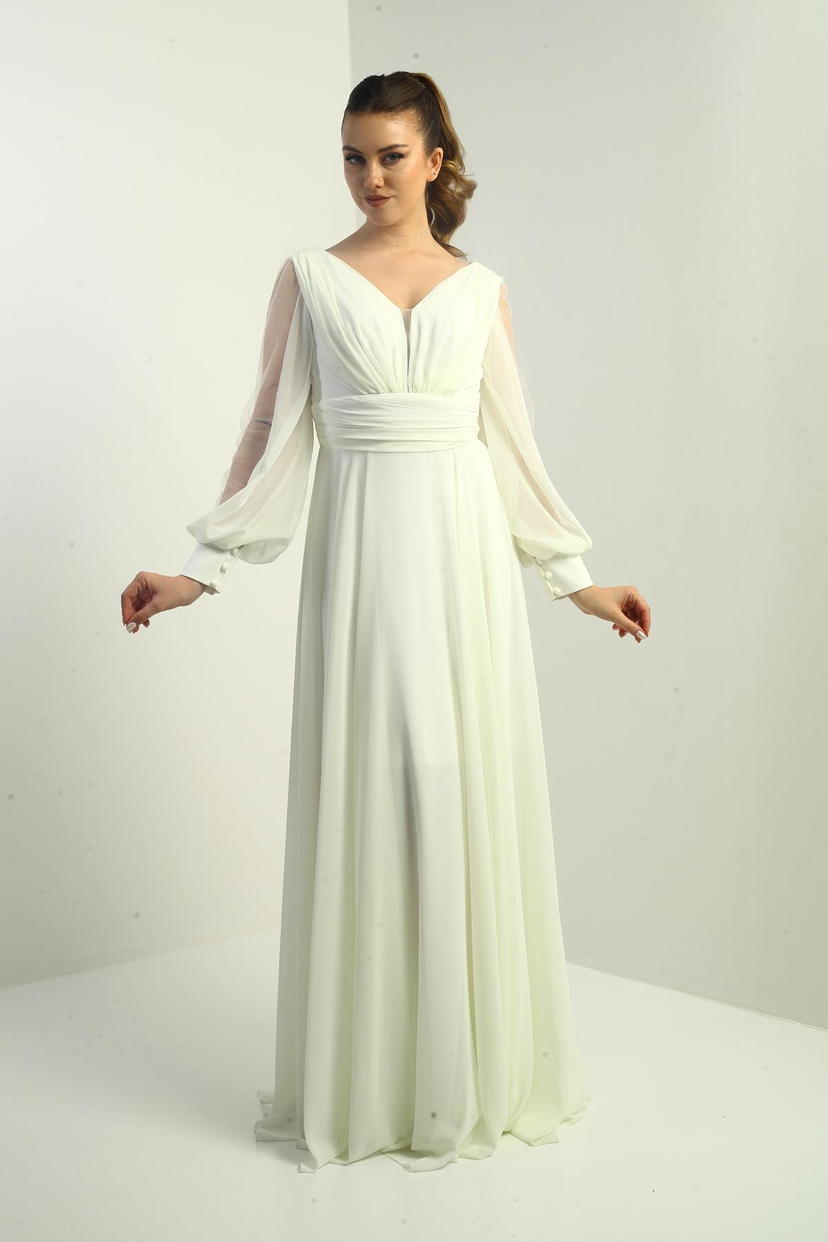 S-23K3800015Ön Arka V Yaka Önü Drapeli Kolları Tül Astarlı Geniş Beden Aralıklı Uzun Şifon Elbise