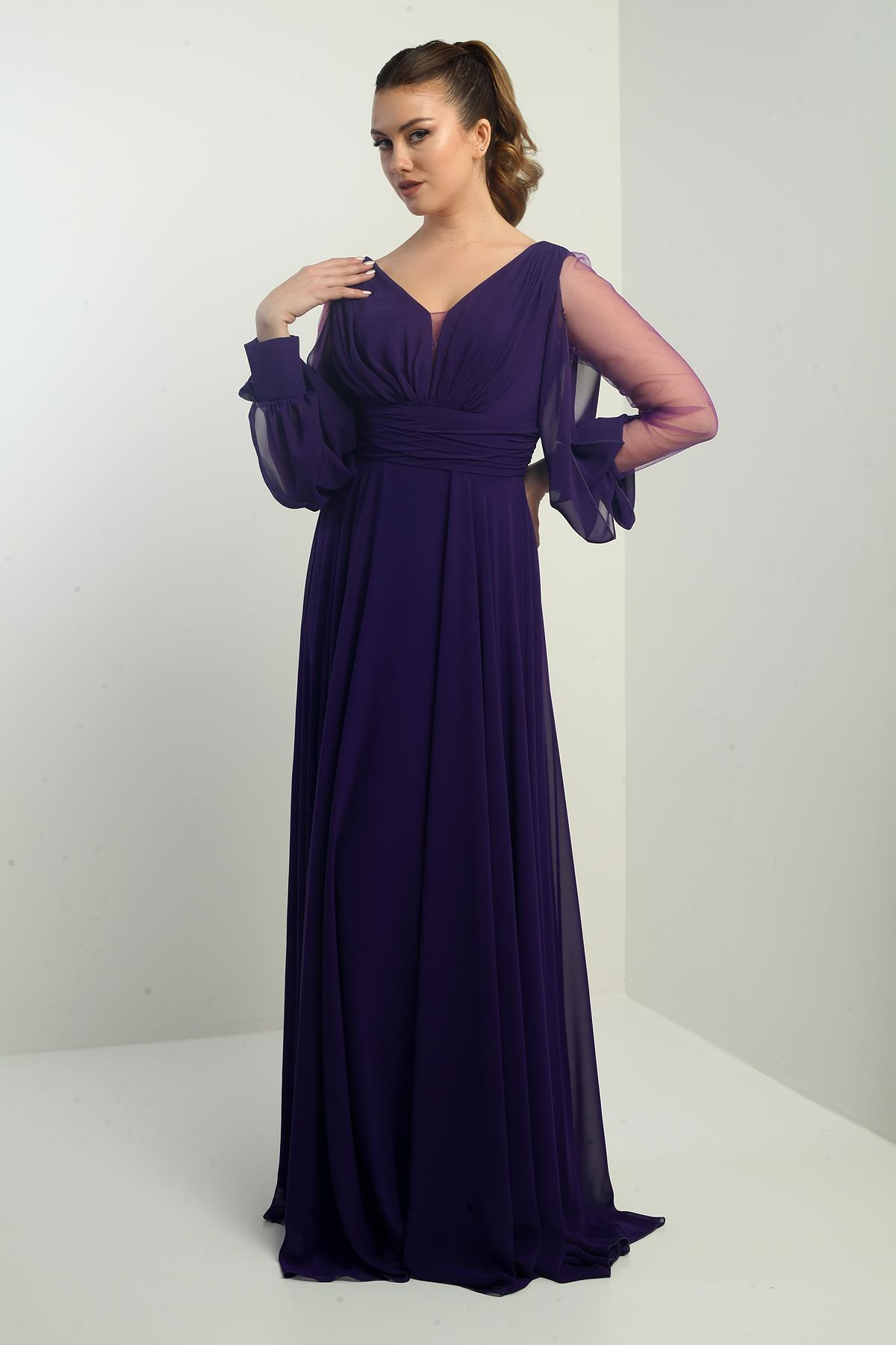 S-23K3800015Ön Arka V Yaka Önü Drapeli Kolları Tül Astarlı Geniş Beden Aralıklı Uzun Şifon Elbise