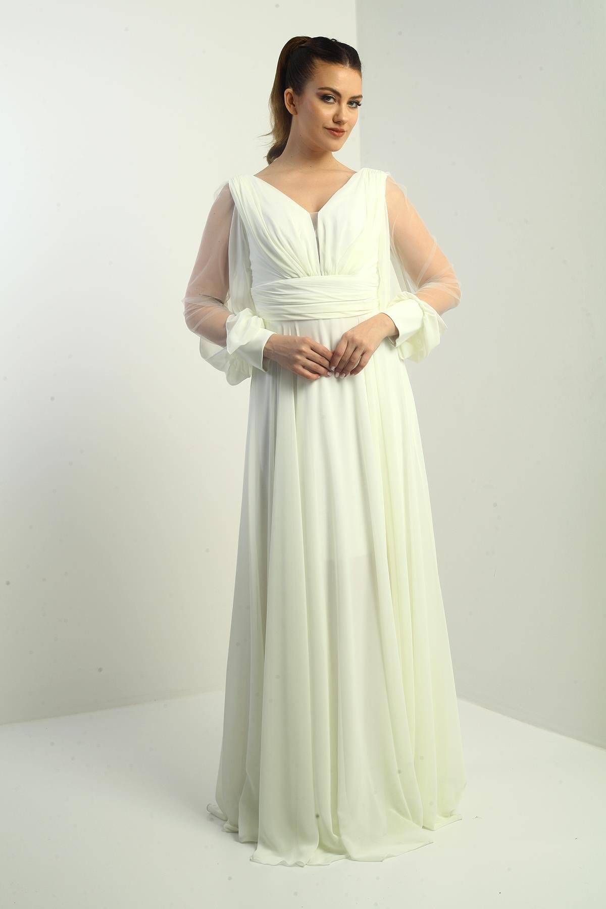 S-23K3800015Ön Arka V Yaka Önü Drapeli Kolları Tül Astarlı Geniş Beden Aralıklı Uzun Şifon Elbise