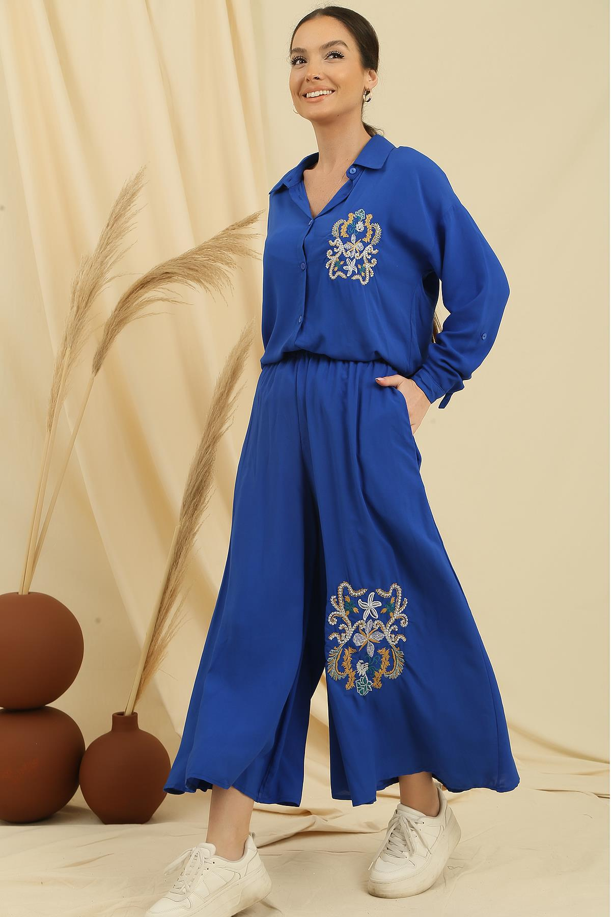 S-23K3880037Palozzo Pants with pockets elastic Embroidered Shirt Oversize Tunic with side slits 2-team