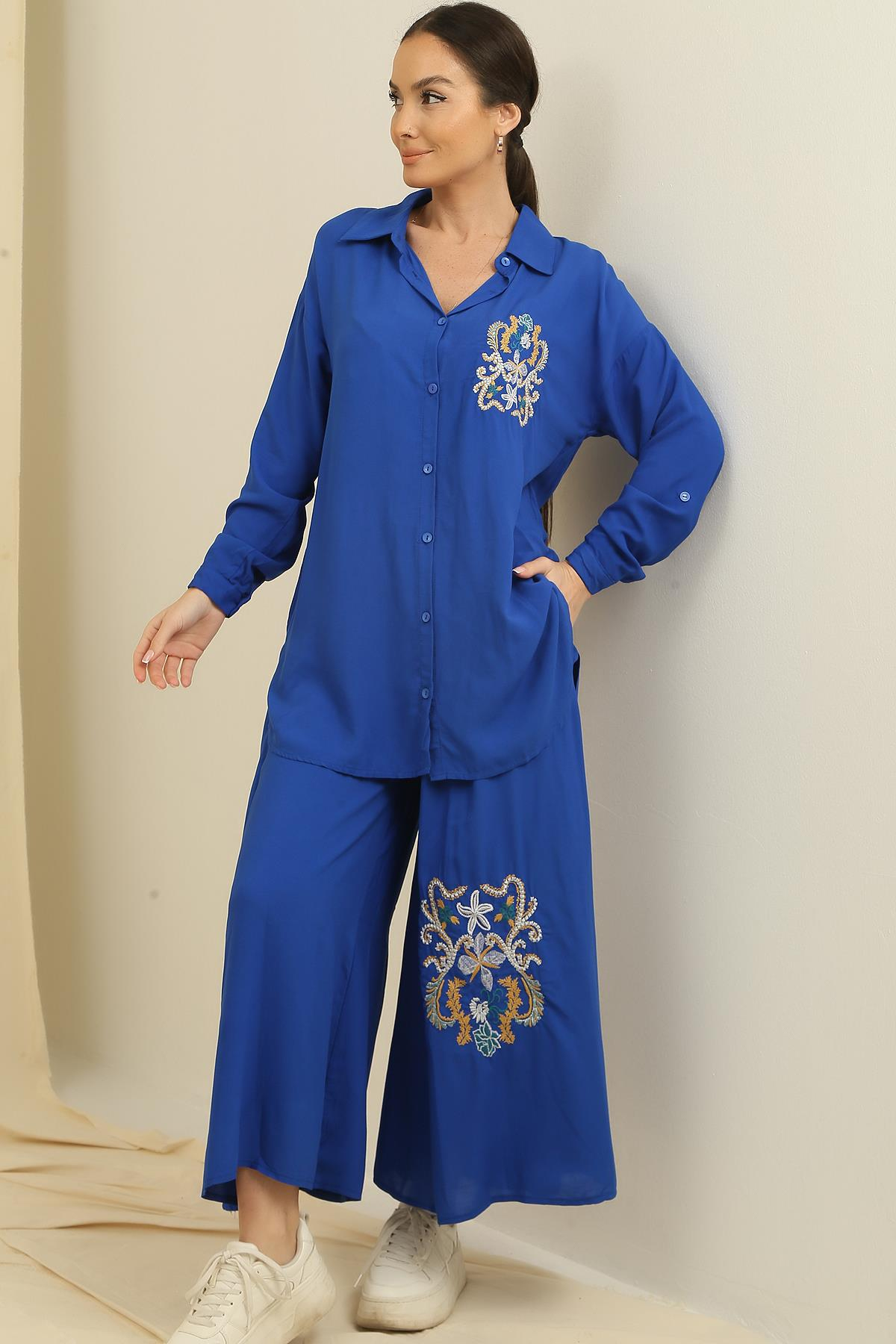 S-23K3880037Palozzo Pants with pockets elastic Embroidered Shirt Oversize Tunic with side slits 2-team