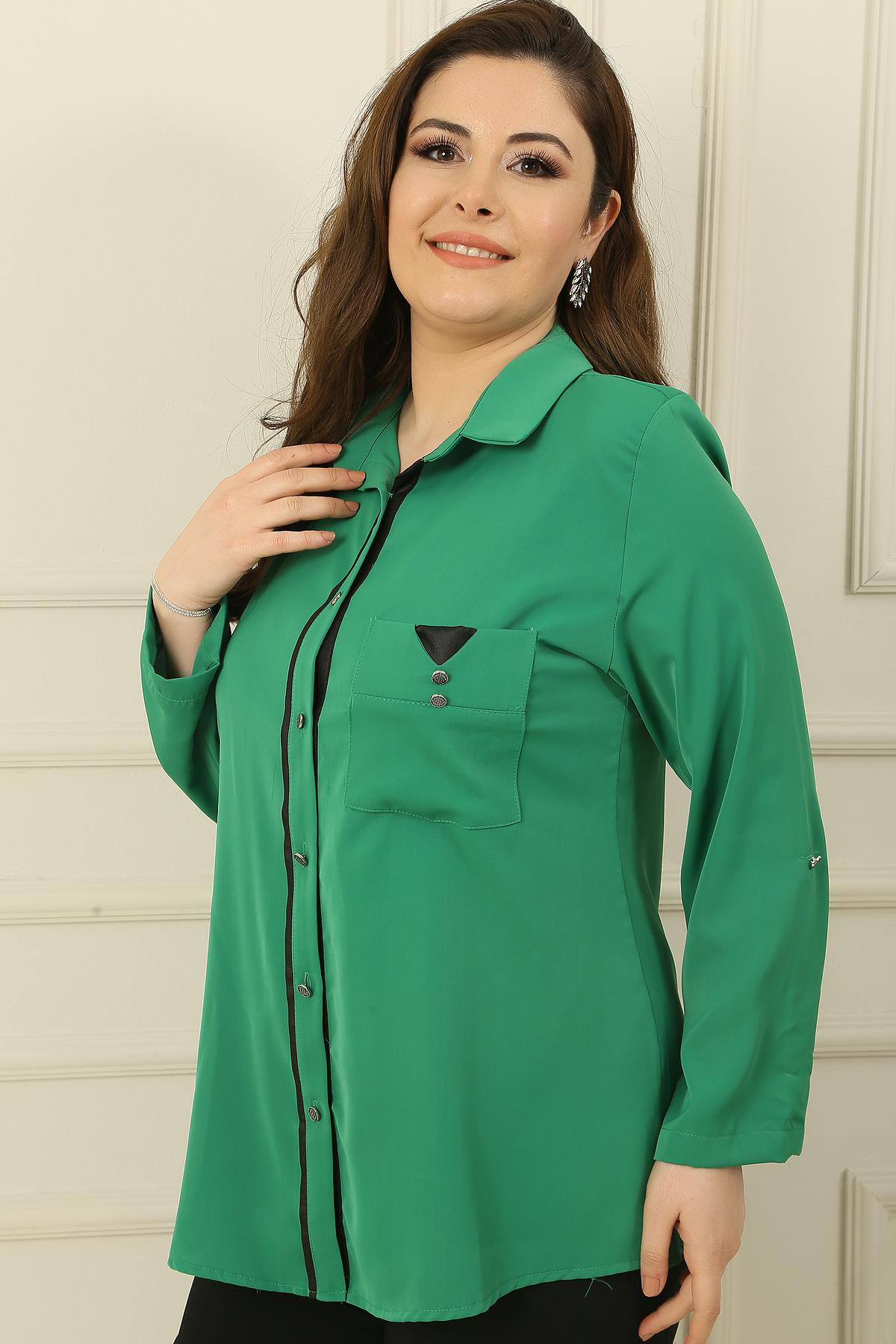 S-23K4040032Leather Sleeve Oversized Shirt With Pocket Detail In The Front With Metal Buttons Truvakar