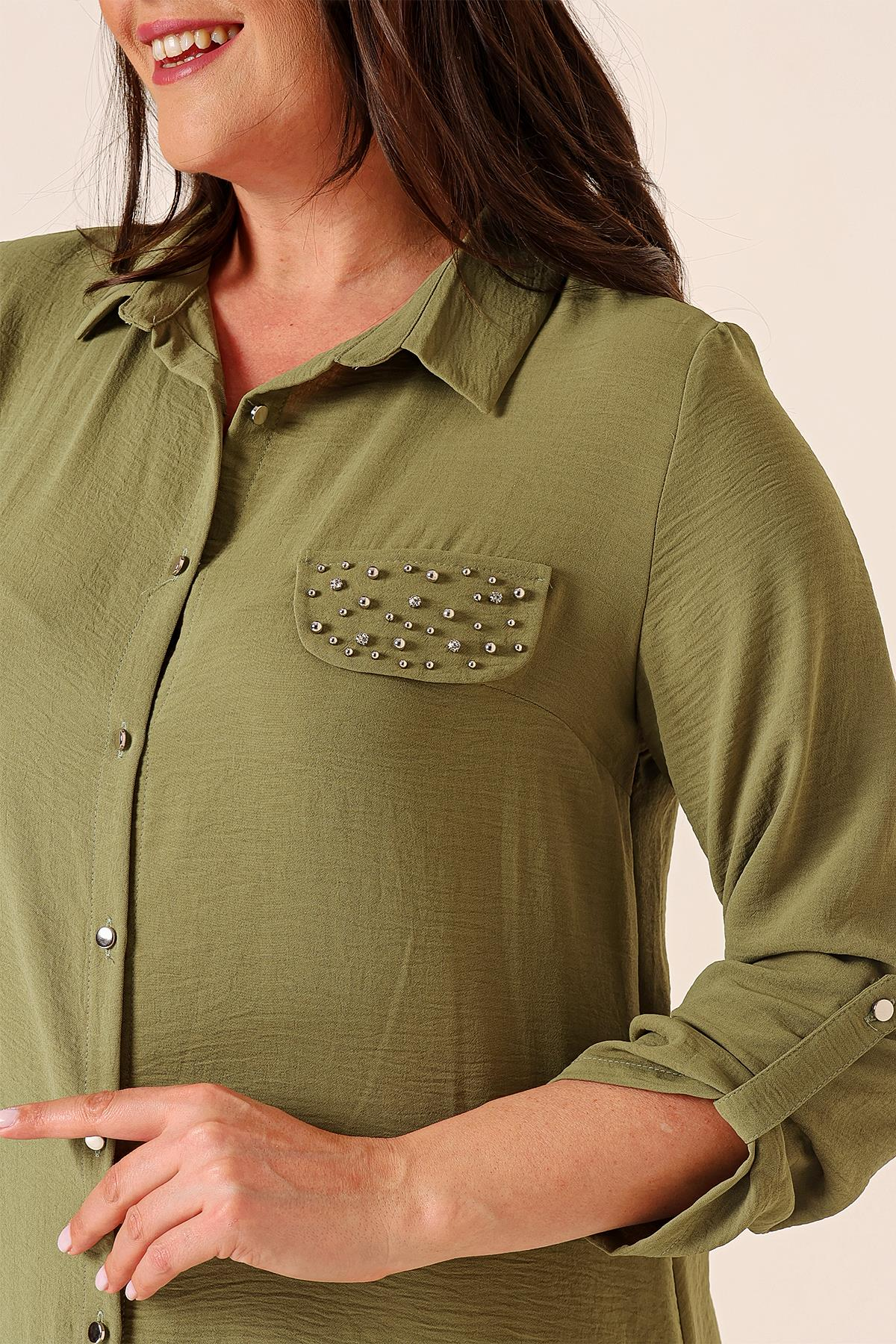 S-23K4040033Front Buttoned Long Sleeve Plus Size Tunic Ayrobin Detailed Pearl Truvakar